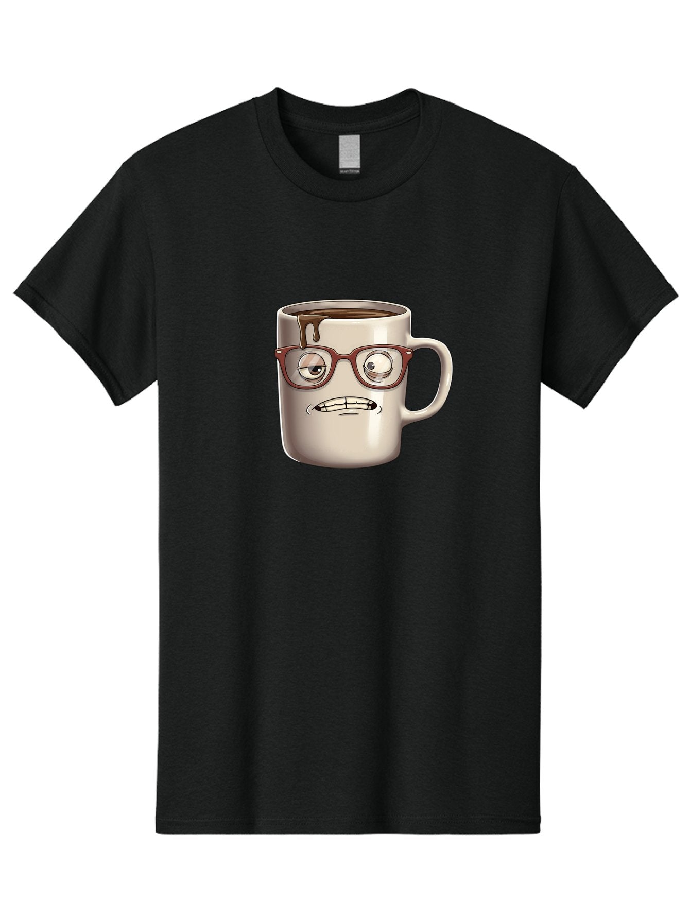 Sad-Coffee-Mug-1 Men'S Graphic Tee, 100% Cotton, Comfortable Casual Summer Wear, Machine Washable, Coffee Mug With Face, Cartoon Character, Anthropomorphic Design, Quirky Personality, Humorous Expression, Glasses, Coffee Stains, Bac382