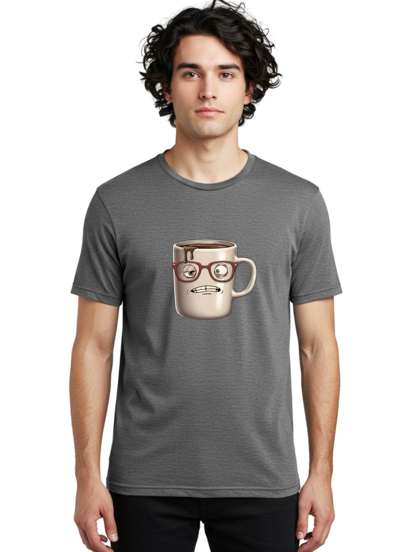 Sad-Coffee-Mug-1 Men'S Graphic Tee, 100% Cotton, Comfortable Casual Summer Wear, Machine Washable, Coffee Mug With Face, Cartoon Character, Anthropomorphic Design, Quirky Personality, Humorous Expression, Glasses, Coffee Stains, Bac382 17