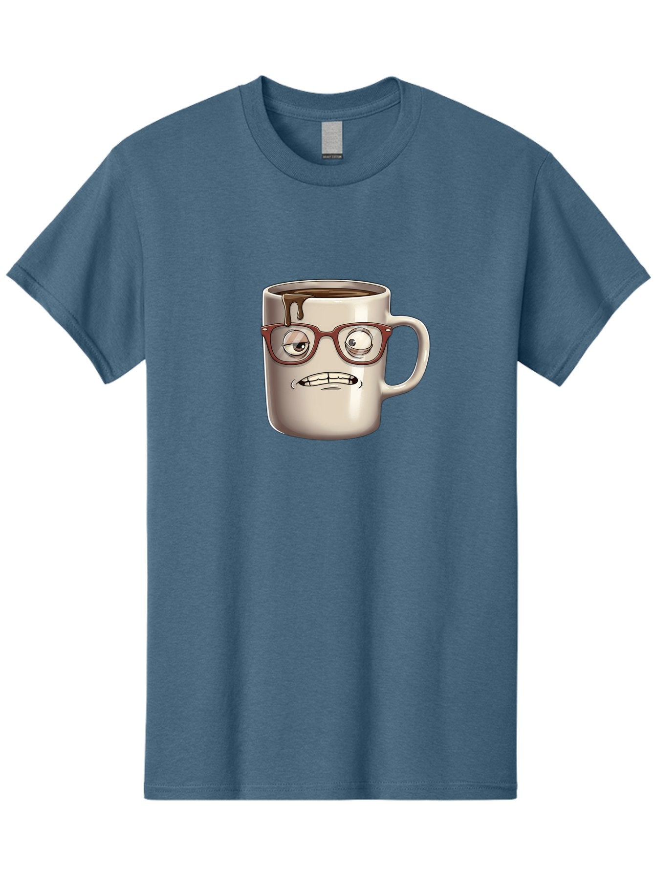 Sad-Coffee-Mug-1 Men'S Graphic Tee, 100% Cotton, Comfortable Casual Summer Wear, Machine Washable, Coffee Mug With Face, Cartoon Character, Anthropomorphic Design, Quirky Personality, Humorous Expression, Glasses, Coffee Stains, Bac382