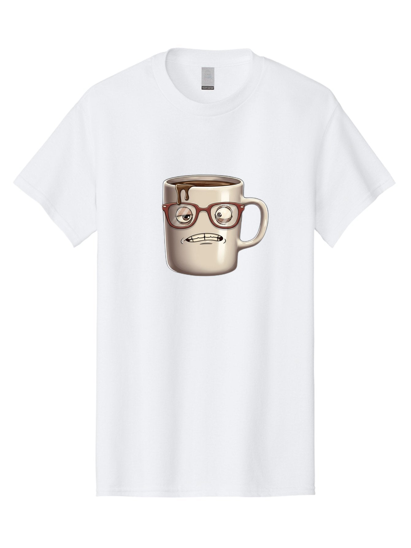Sad-Coffee-Mug-1 Men'S Graphic Tee, 100% Cotton, Comfortable Casual Summer Wear, Machine Washable, Coffee Mug With Face, Cartoon Character, Anthropomorphic Design, Quirky Personality, Humorous Expression, Glasses, Coffee Stains, Bac382 3