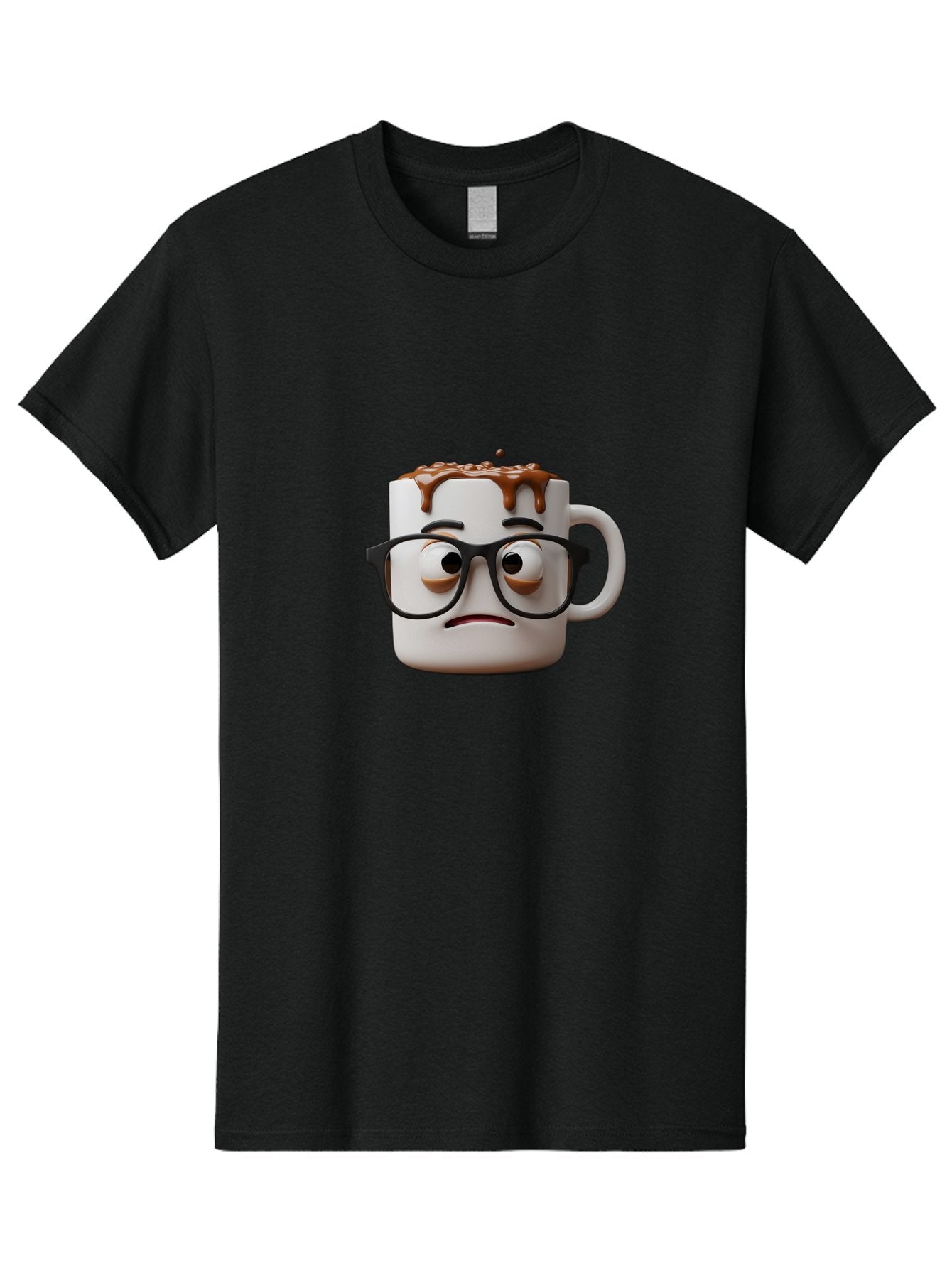 Sad-Coffee-Mug-2 Men'S Graphic Tee, 100% Cotton, Comfortable Casual Summer Wear, Machine Washable, Sad Coffee Mug, Coffee Drink, Chocolate Syrup, 3D Cartoon Character, Emotional Expression, Black Glasses, Unhappy Face, Steaming Hot Beverage, Bac383 13