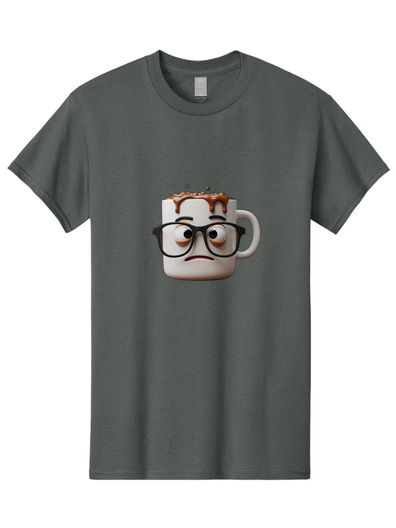 Sad-Coffee-Mug-2 Men'S Graphic Tee, 100% Cotton, Comfortable Casual Summer Wear, Machine Washable, Sad Coffee Mug, Coffee Drink, Chocolate Syrup, 3D Cartoon Character, Emotional Expression, Black Glasses, Unhappy Face, Steaming Hot Beverage, Bac383 12
