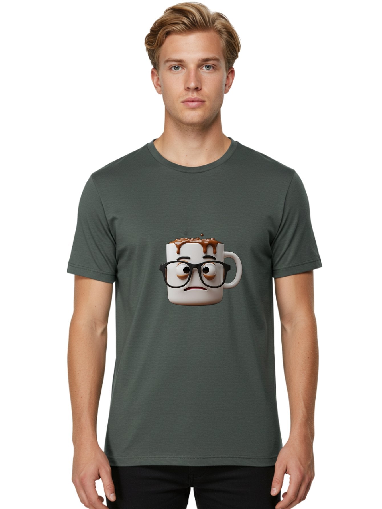 Sad-Coffee-Mug-2 Men'S Graphic Tee, 100% Cotton, Comfortable Casual Summer Wear, Machine Washable, Sad Coffee Mug, Coffee Drink, Chocolate Syrup, 3D Cartoon Character, Emotional Expression, Black Glasses, Unhappy Face, Steaming Hot Beverage, Bac383 28