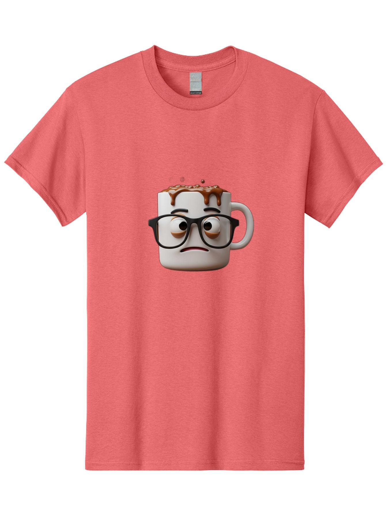 Sad-Coffee-Mug-2 Men'S Graphic Tee, 100% Cotton, Comfortable Casual Summer Wear, Machine Washable, Sad Coffee Mug, Coffee Drink, Chocolate Syrup, 3D Cartoon Character, Emotional Expression, Black Glasses, Unhappy Face, Steaming Hot Beverage, Bac383 15