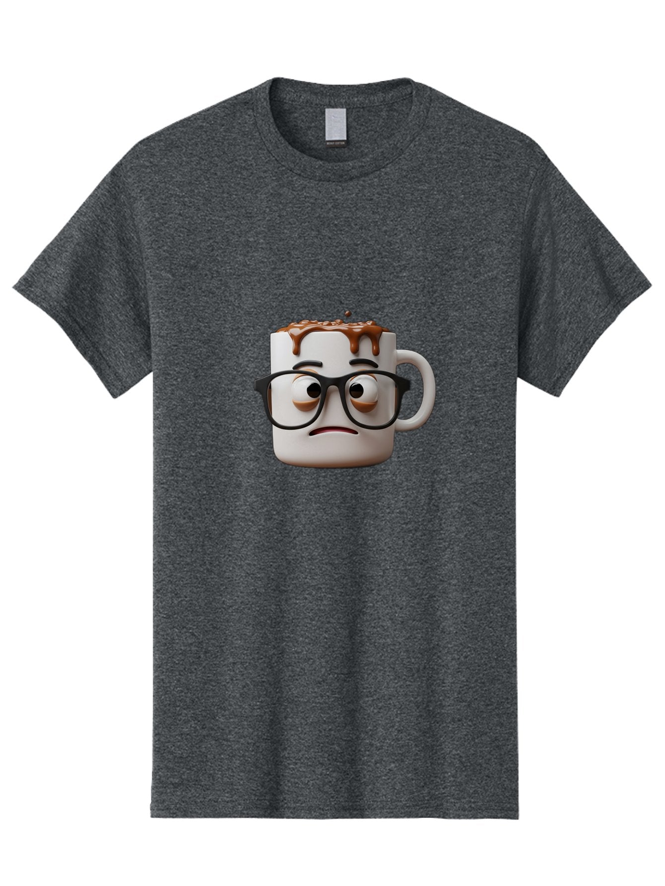 Sad-Coffee-Mug-2 Men'S Graphic Tee, 100% Cotton, Comfortable Casual Summer Wear, Machine Washable, Sad Coffee Mug, Coffee Drink, Chocolate Syrup, 3D Cartoon Character, Emotional Expression, Black Glasses, Unhappy Face, Steaming Hot Beverage, Bac383