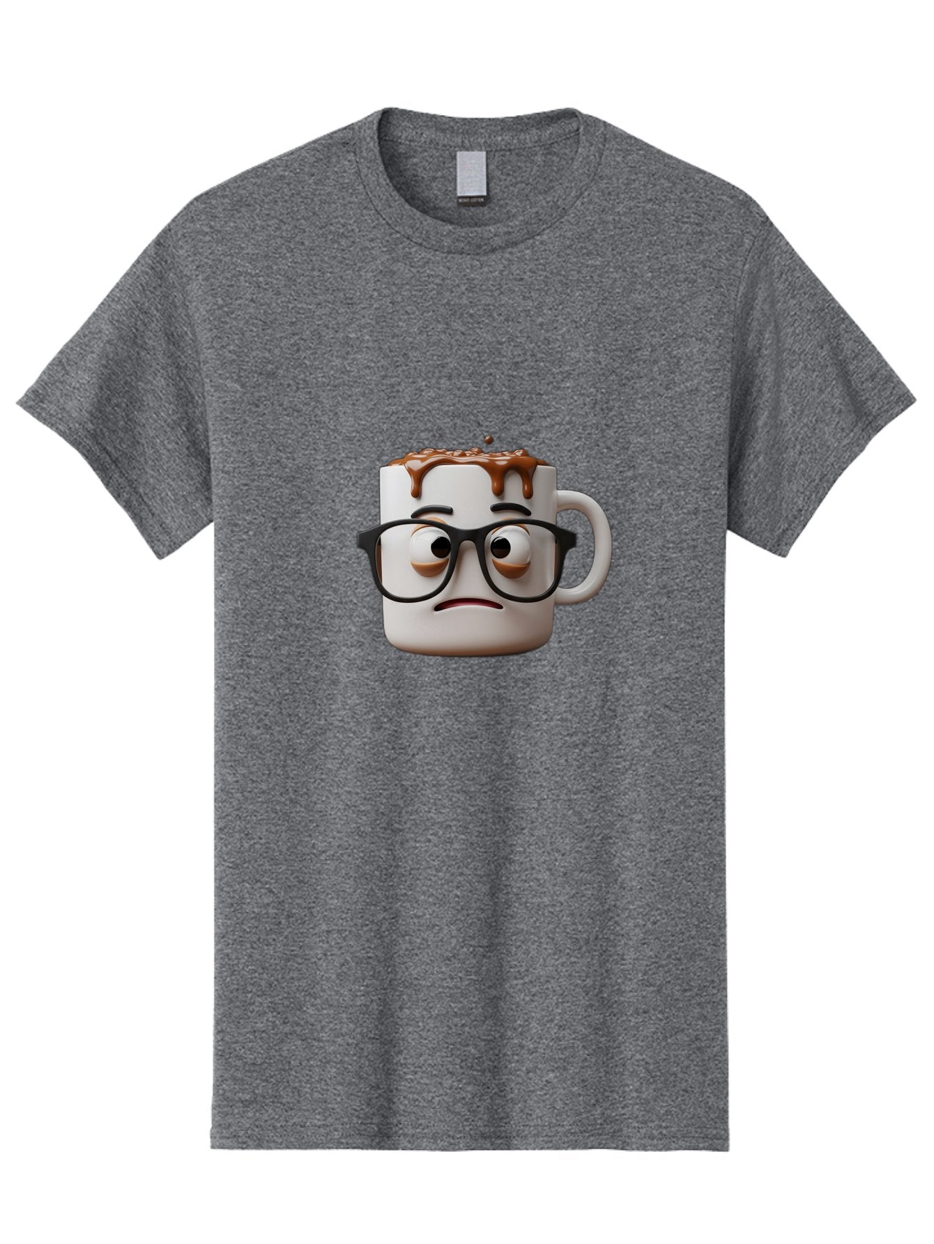 Sad-Coffee-Mug-2 Men'S Graphic Tee, 100% Cotton, Comfortable Casual Summer Wear, Machine Washable, Sad Coffee Mug, Coffee Drink, Chocolate Syrup, 3D Cartoon Character, Emotional Expression, Black Glasses, Unhappy Face, Steaming Hot Beverage, Bac383 3