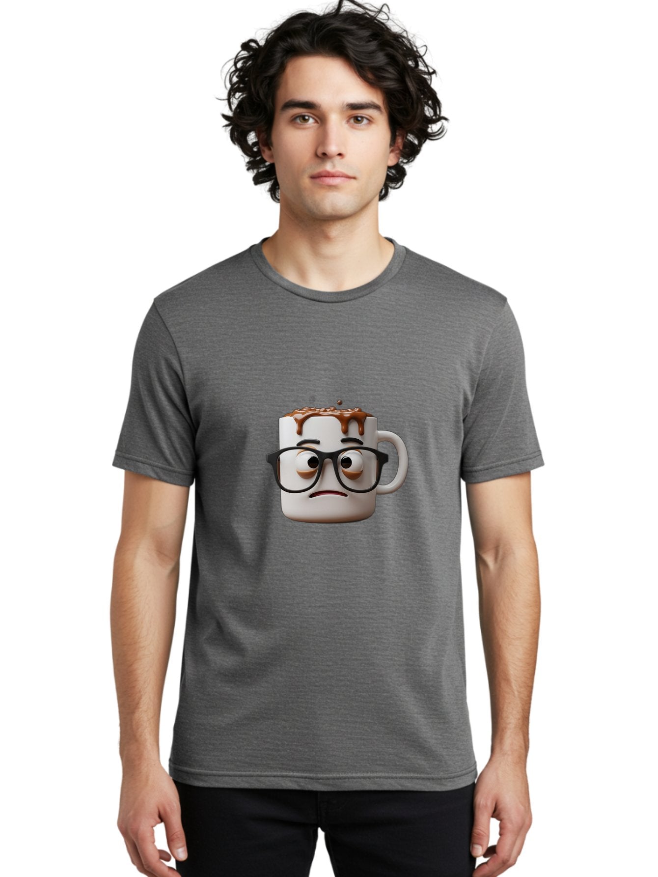 Sad-Coffee-Mug-2 Men'S Graphic Tee, 100% Cotton, Comfortable Casual Summer Wear, Machine Washable, Sad Coffee Mug, Coffee Drink, Chocolate Syrup, 3D Cartoon Character, Emotional Expression, Black Glasses, Unhappy Face, Steaming Hot Beverage, Bac383 22