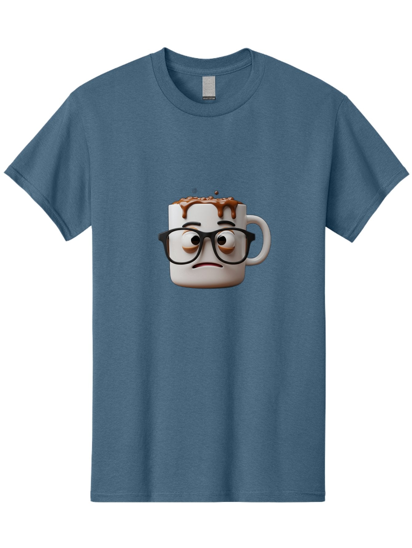 Sad-Coffee-Mug-2 Men'S Graphic Tee, 100% Cotton, Comfortable Casual Summer Wear, Machine Washable, Sad Coffee Mug, Coffee Drink, Chocolate Syrup, 3D Cartoon Character, Emotional Expression, Black Glasses, Unhappy Face, Steaming Hot Beverage, Bac383 11