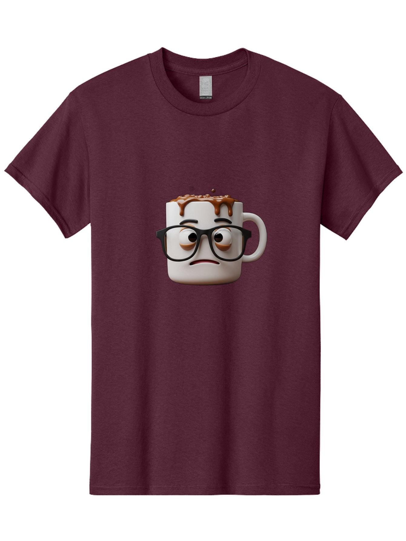 Sad-Coffee-Mug-2 Men'S Graphic Tee, 100% Cotton, Comfortable Casual Summer Wear, Machine Washable, Sad Coffee Mug, Coffee Drink, Chocolate Syrup, 3D Cartoon Character, Emotional Expression, Black Glasses, Unhappy Face, Steaming Hot Beverage, Bac383 10