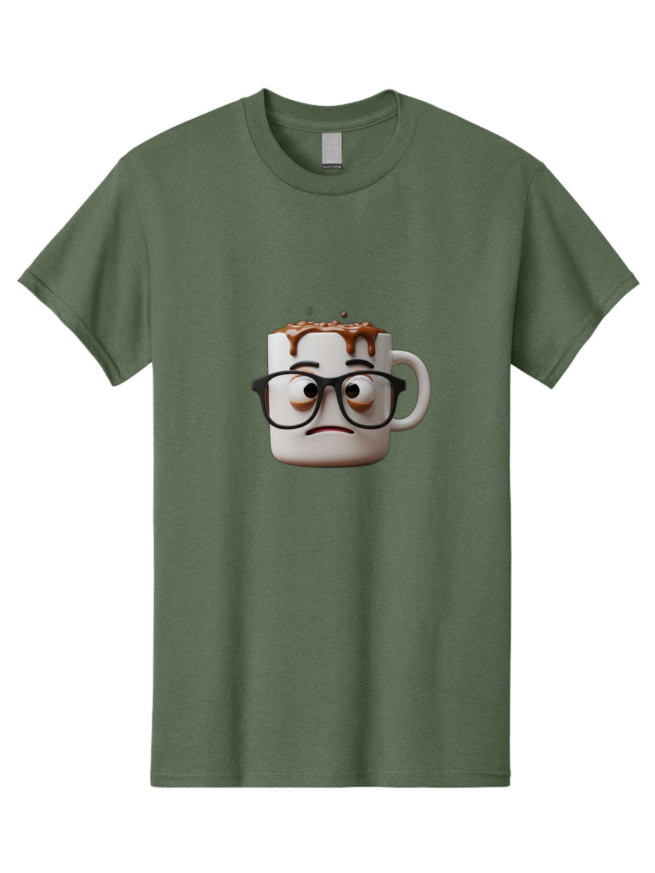 Sad-Coffee-Mug-2 Men'S Graphic Tee, 100% Cotton, Comfortable Casual Summer Wear, Machine Washable, Sad Coffee Mug, Coffee Drink, Chocolate Syrup, 3D Cartoon Character, Emotional Expression, Black Glasses, Unhappy Face, Steaming Hot Beverage, Bac383 4