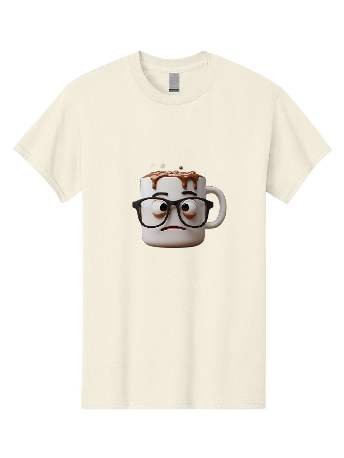 Sad-Coffee-Mug-2 Men'S Graphic Tee, 100% Cotton, Comfortable Casual Summer Wear, Machine Washable, Sad Coffee Mug, Coffee Drink, Chocolate Syrup, 3D Cartoon Character, Emotional Expression, Black Glasses, Unhappy Face, Steaming Hot Beverage, Bac383 14