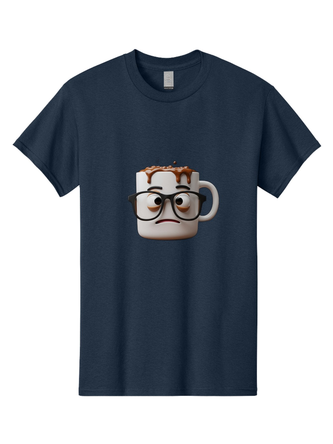 Sad-Coffee-Mug-2 Men'S Graphic Tee, 100% Cotton, Comfortable Casual Summer Wear, Machine Washable, Sad Coffee Mug, Coffee Drink, Chocolate Syrup, 3D Cartoon Character, Emotional Expression, Black Glasses, Unhappy Face, Steaming Hot Beverage, Bac383 9