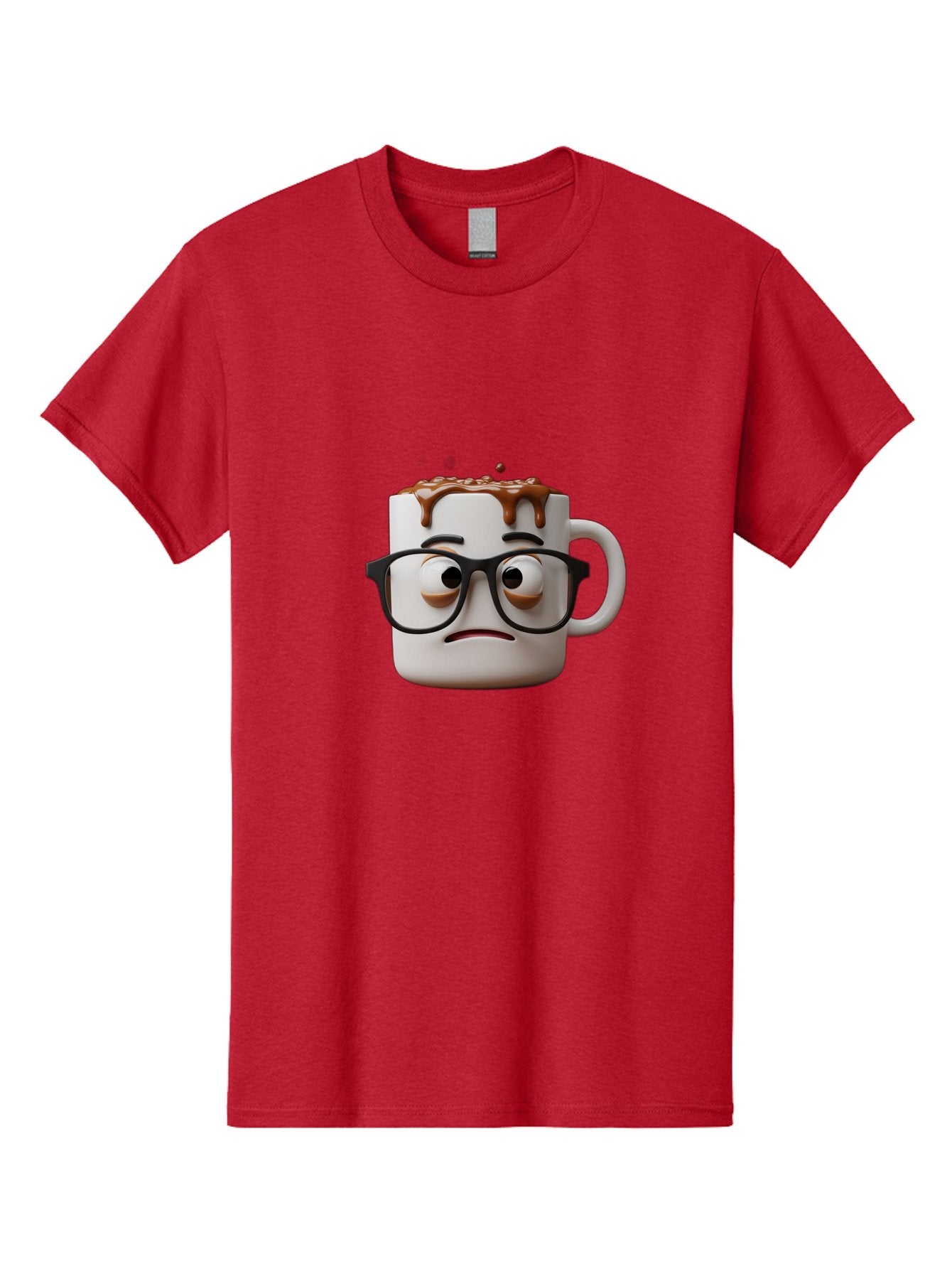 Sad-Coffee-Mug-2 Men'S Graphic Tee, 100% Cotton, Comfortable Casual Summer Wear, Machine Washable, Sad Coffee Mug, Coffee Drink, Chocolate Syrup, 3D Cartoon Character, Emotional Expression, Black Glasses, Unhappy Face, Steaming Hot Beverage, Bac383