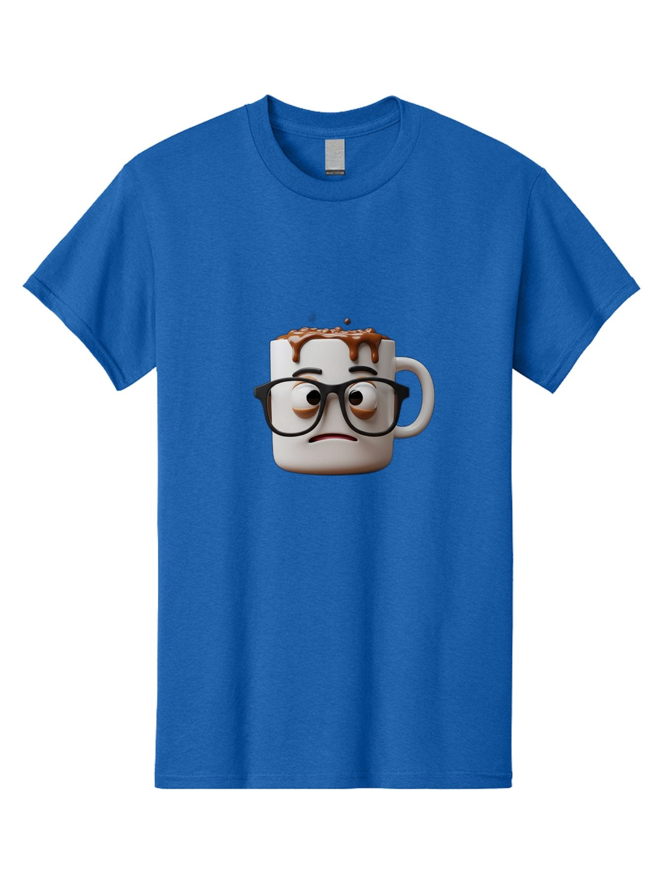 Sad-Coffee-Mug-2 Men'S Graphic Tee, 100% Cotton, Comfortable Casual Summer Wear, Machine Washable, Sad Coffee Mug, Coffee Drink, Chocolate Syrup, 3D Cartoon Character, Emotional Expression, Black Glasses, Unhappy Face, Steaming Hot Beverage, Bac383 7