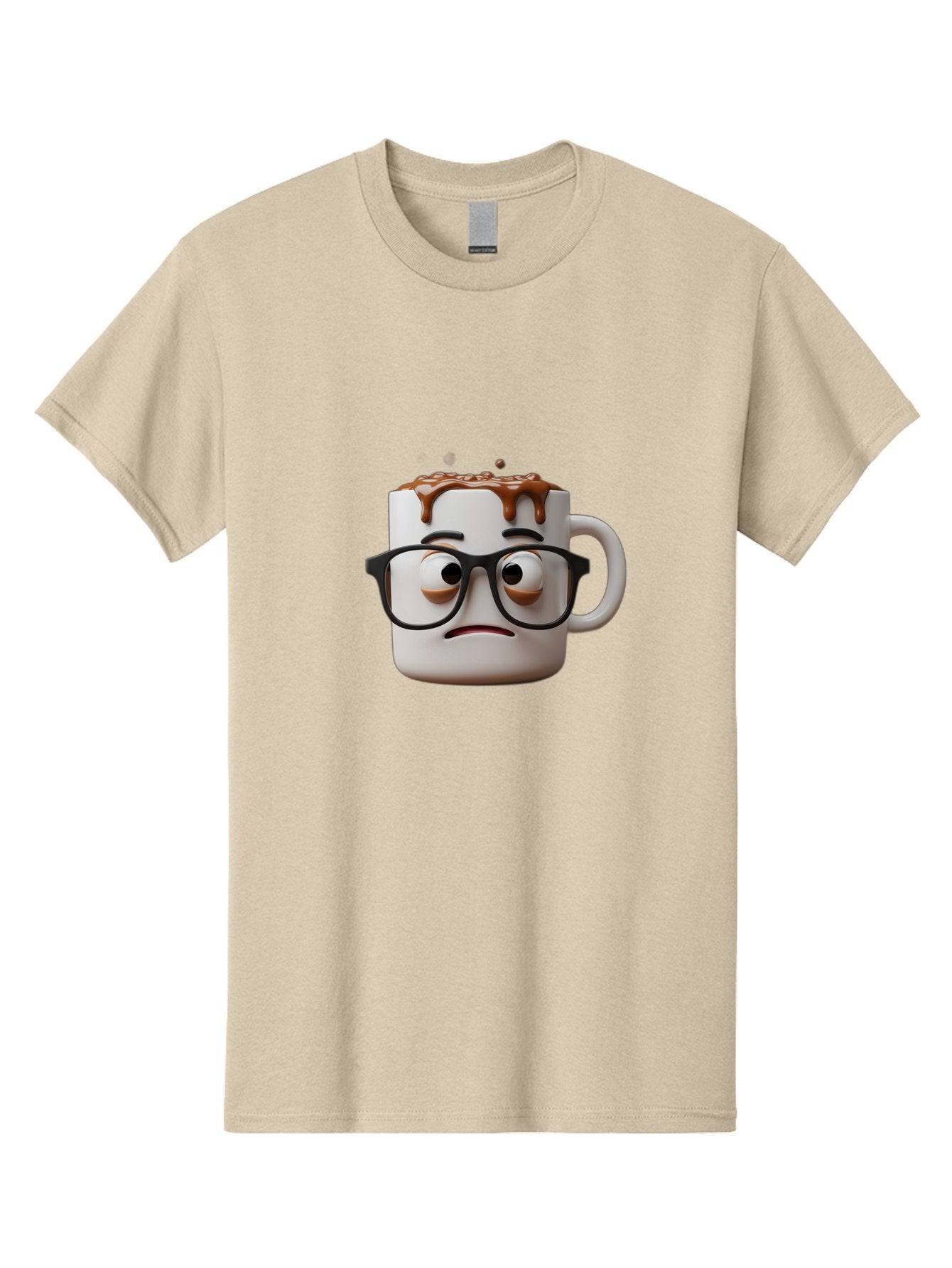 Sad-Coffee-Mug-2 Men'S Graphic Tee, 100% Cotton, Comfortable Casual Summer Wear, Machine Washable, Sad Coffee Mug, Coffee Drink, Chocolate Syrup, 3D Cartoon Character, Emotional Expression, Black Glasses, Unhappy Face, Steaming Hot Beverage, Bac383 6