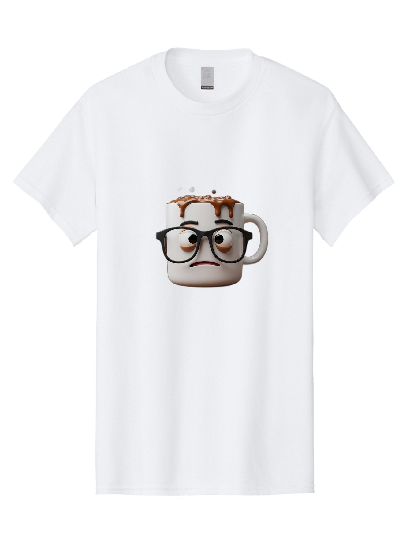 Sad-Coffee-Mug-2 Men'S Graphic Tee, 100% Cotton, Comfortable Casual Summer Wear, Machine Washable, Sad Coffee Mug, Coffee Drink, Chocolate Syrup, 3D Cartoon Character, Emotional Expression, Black Glasses, Unhappy Face, Steaming Hot Beverage, Bac383 5