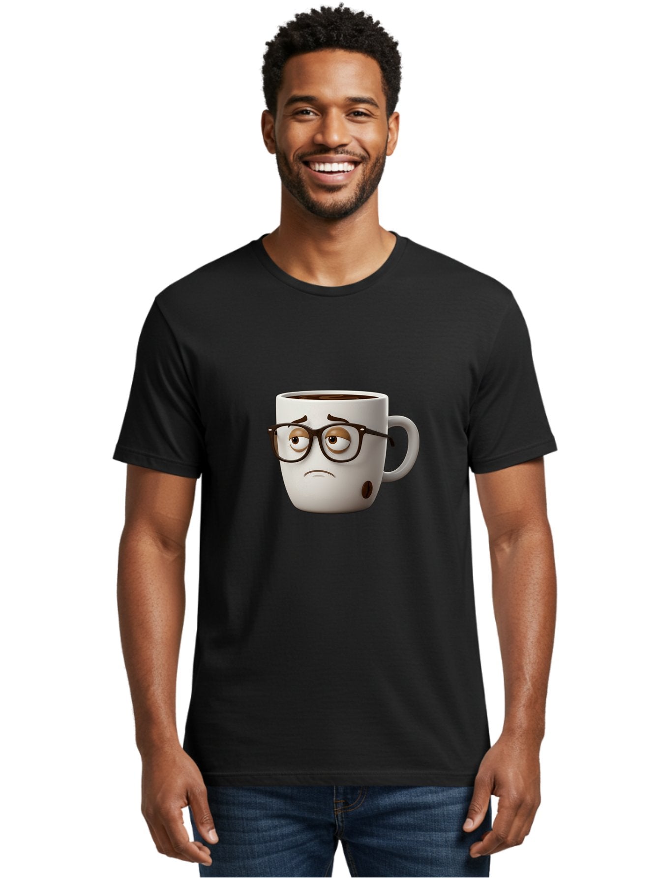 Sad-Coffee-Mug Men'S Graphic Tee, 100% Cotton, Comfortable Casual Summer Wear, Machine Washable, Coffee Mug With Face, Sad Expression, Black Glasses, Coffee Drink, Morning Routine, Daily Grind, Cartoon Character, Quirky Design, Funny Mug Bac384 30