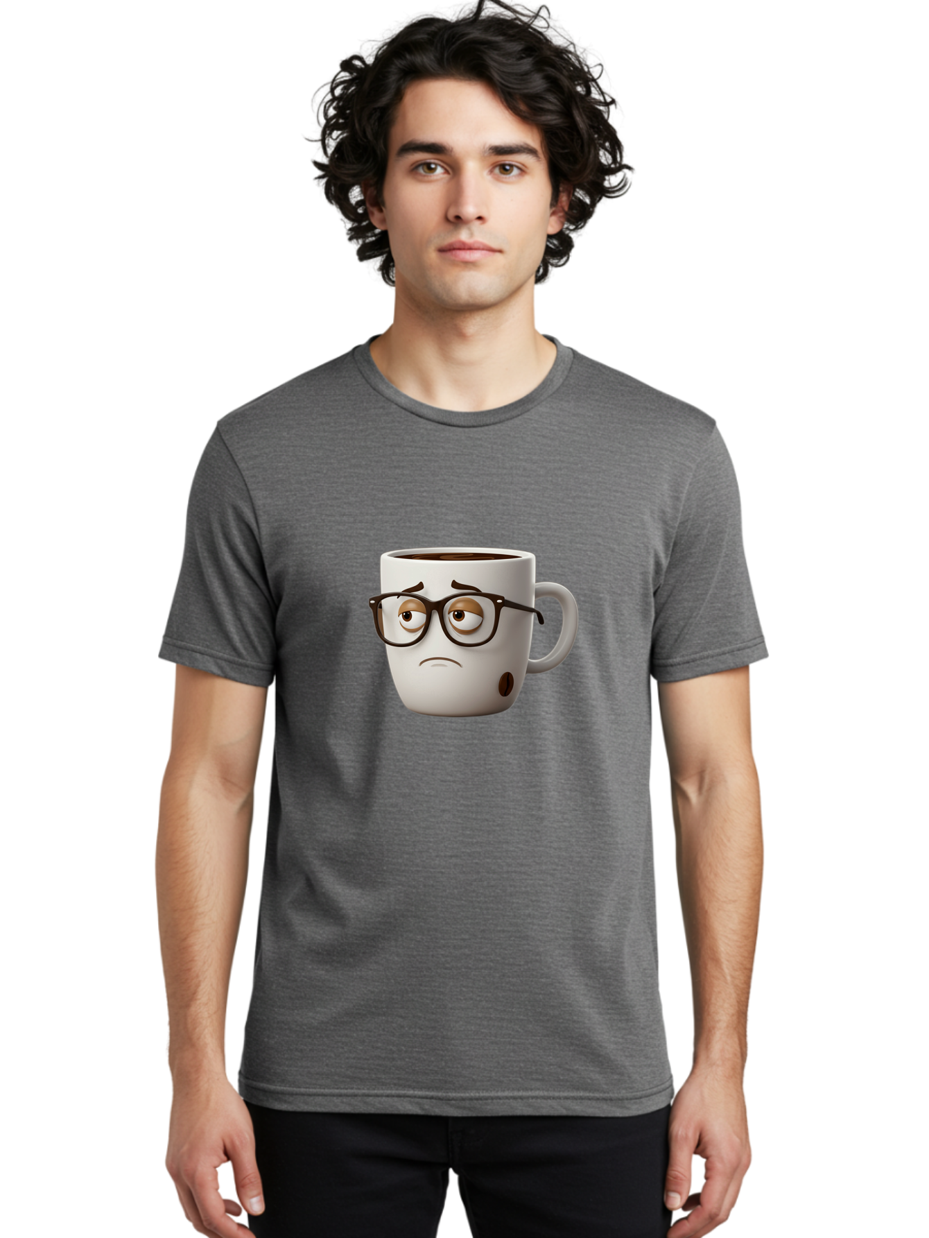 Sad-Coffee-Mug Men'S Graphic Tee, 100% Cotton, Comfortable Casual Summer Wear, Machine Washable, Coffee Mug With Face, Sad Expression, Black Glasses, Coffee Drink, Morning Routine, Daily Grind, Cartoon Character, Quirky Design, Funny Mug Bac384 29