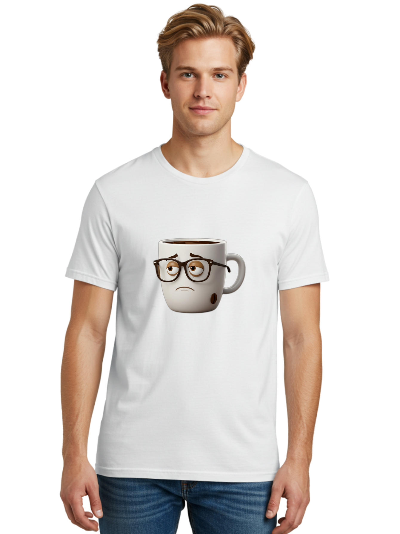 Sad-Coffee-Mug Men'S Graphic Tee, 100% Cotton, Comfortable Casual Summer Wear, Machine Washable, Coffee Mug With Face, Sad Expression, Black Glasses, Coffee Drink, Morning Routine, Daily Grind, Cartoon Character, Quirky Design, Funny Mug Bac384 28