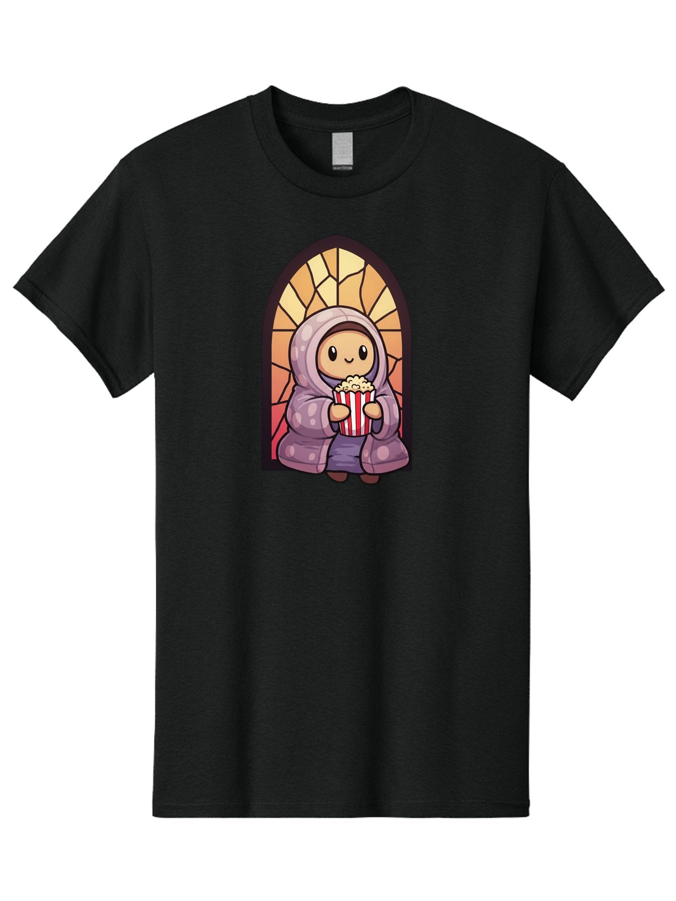 Saint-Popcorn Men'S Graphic Tee, 100% Cotton, Comfortable Casual Summer Wear, Machine Washable, Cartoon Character, Stained Glass Window, Kid Eating Popcorn, Cute Illustration, Cozy Atmosphere, Warm Colors, Hoodie, Snack Time, Playful Design, Bac385 11