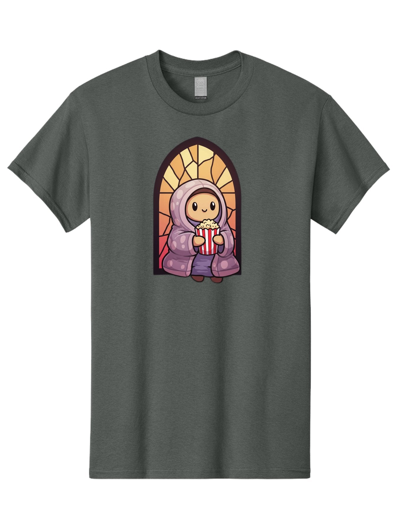 Saint-Popcorn Men'S Graphic Tee, 100% Cotton, Comfortable Casual Summer Wear, Machine Washable, Cartoon Character, Stained Glass Window, Kid Eating Popcorn, Cute Illustration, Cozy Atmosphere, Warm Colors, Hoodie, Snack Time, Playful Design, Bac385