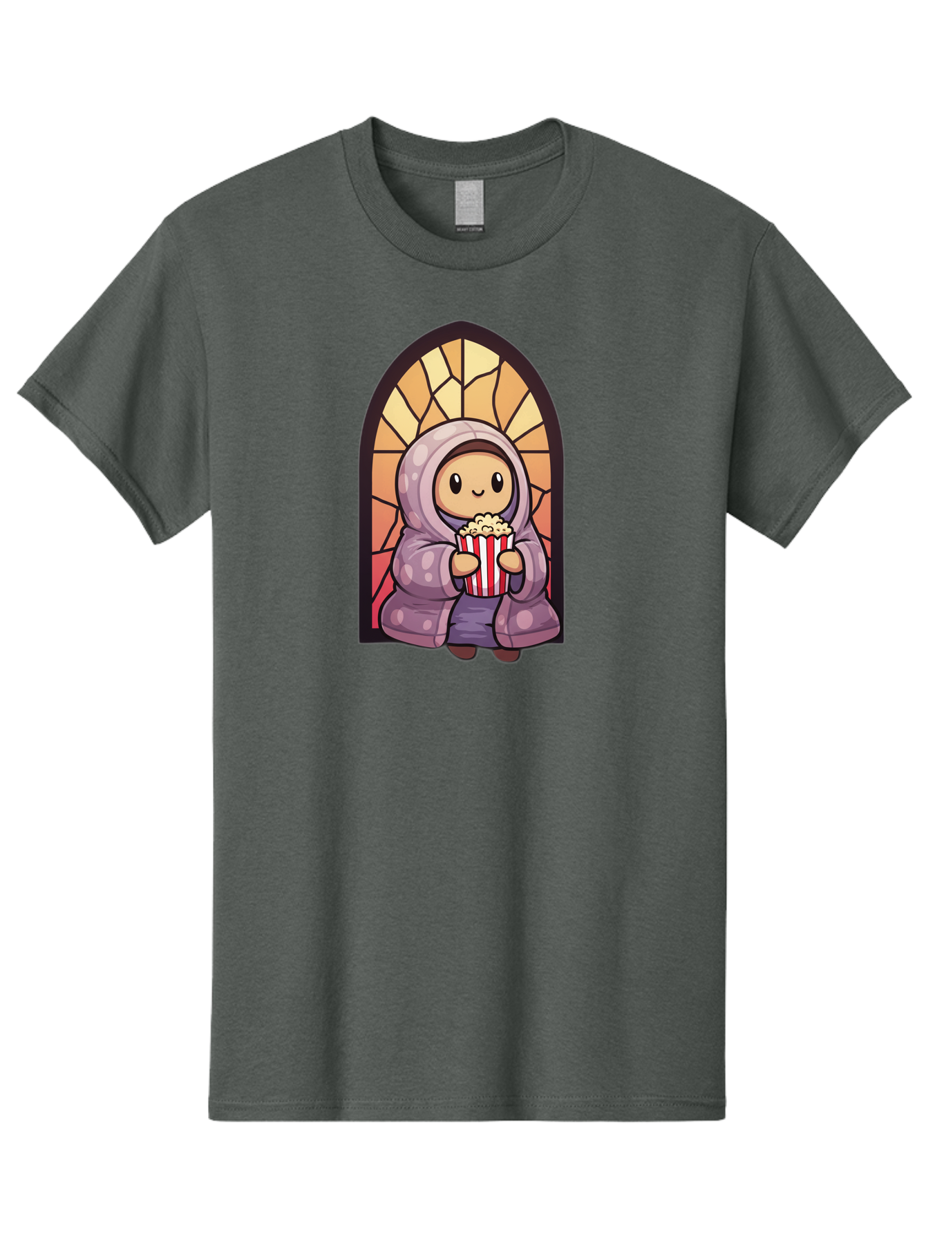 Saint-Popcorn Men'S Graphic Tee, 100% Cotton, Comfortable Casual Summer Wear, Machine Washable, Cartoon Character, Stained Glass Window, Kid Eating Popcorn, Cute Illustration, Cozy Atmosphere, Warm Colors, Hoodie, Snack Time, Playful Design, Bac385 10
