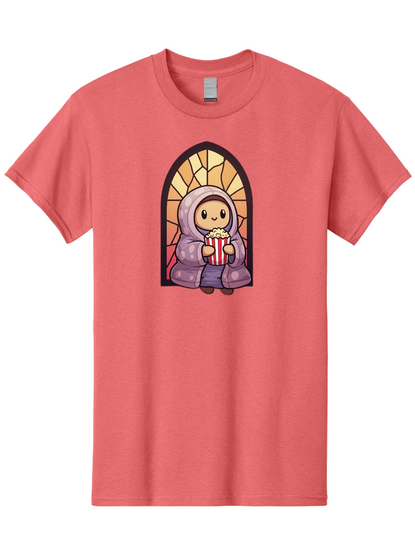 Saint-Popcorn Men'S Graphic Tee, 100% Cotton, Comfortable Casual Summer Wear, Machine Washable, Cartoon Character, Stained Glass Window, Kid Eating Popcorn, Cute Illustration, Cozy Atmosphere, Warm Colors, Hoodie, Snack Time, Playful Design, Bac385 8