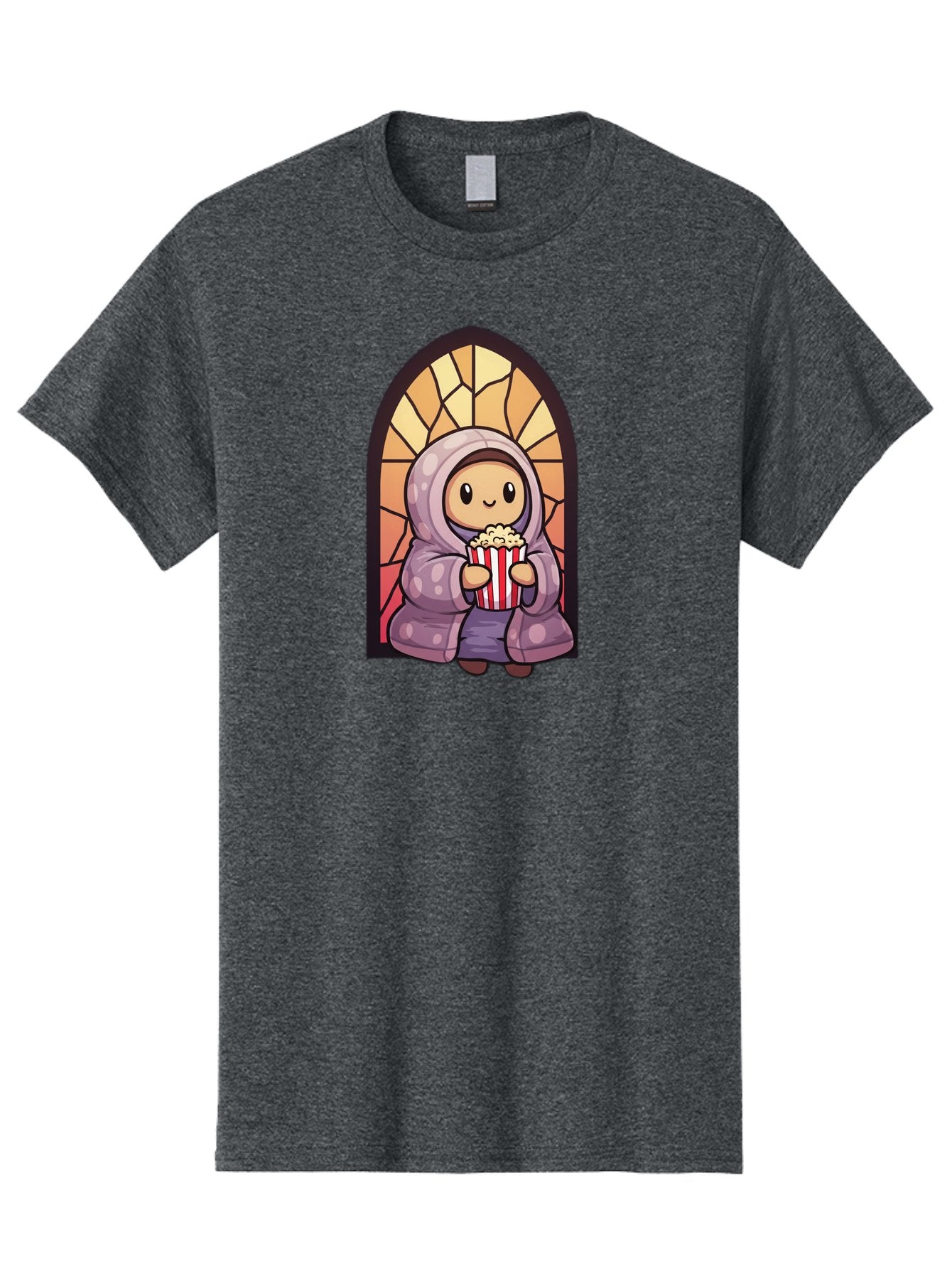 Saint-Popcorn Men'S Graphic Tee, 100% Cotton, Comfortable Casual Summer Wear, Machine Washable, Cartoon Character, Stained Glass Window, Kid Eating Popcorn, Cute Illustration, Cozy Atmosphere, Warm Colors, Hoodie, Snack Time, Playful Design, Bac385 3