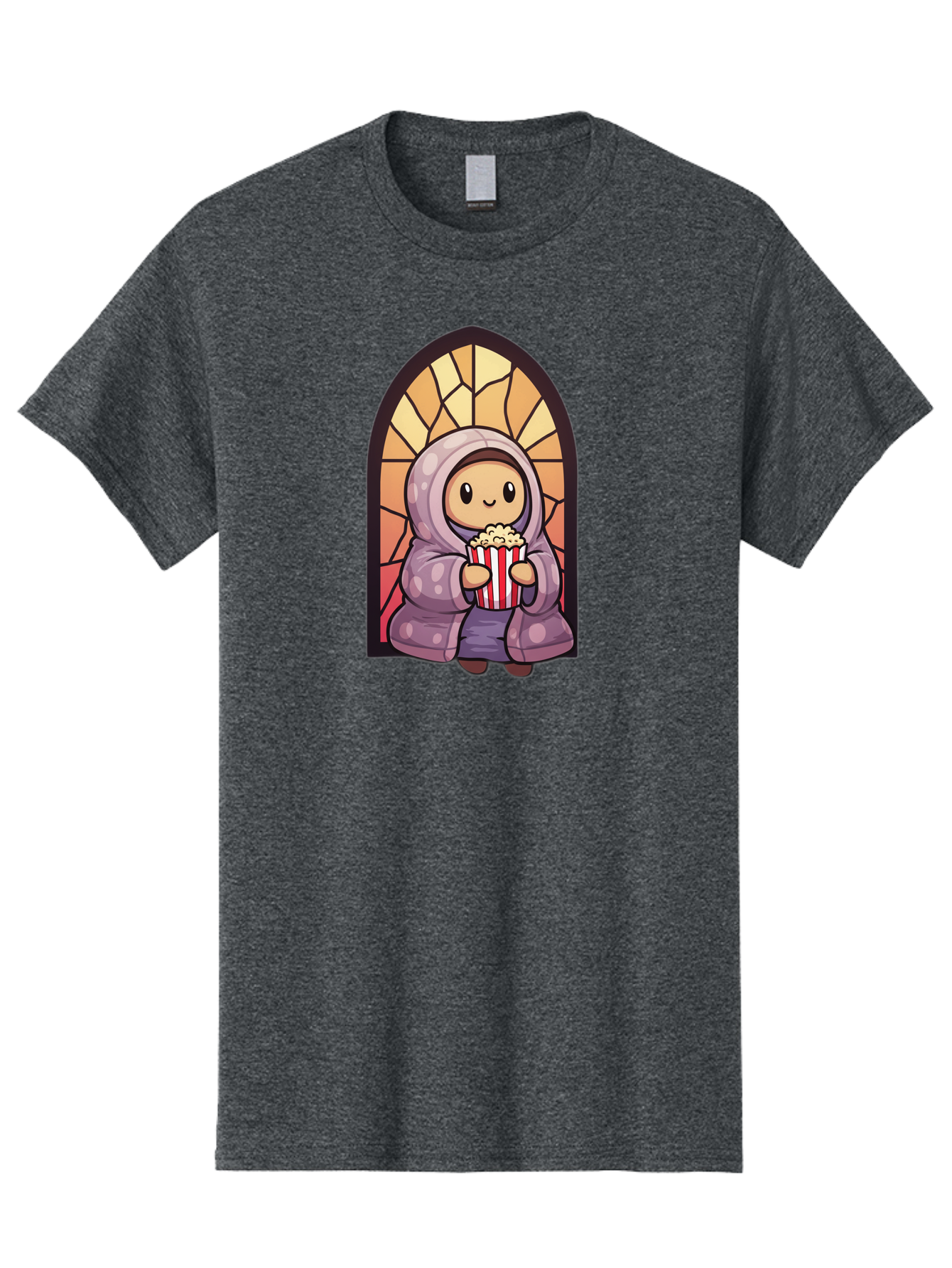Saint-Popcorn Men'S Graphic Tee, 100% Cotton, Comfortable Casual Summer Wear, Machine Washable, Cartoon Character, Stained Glass Window, Kid Eating Popcorn, Cute Illustration, Cozy Atmosphere, Warm Colors, Hoodie, Snack Time, Playful Design, Bac385 9