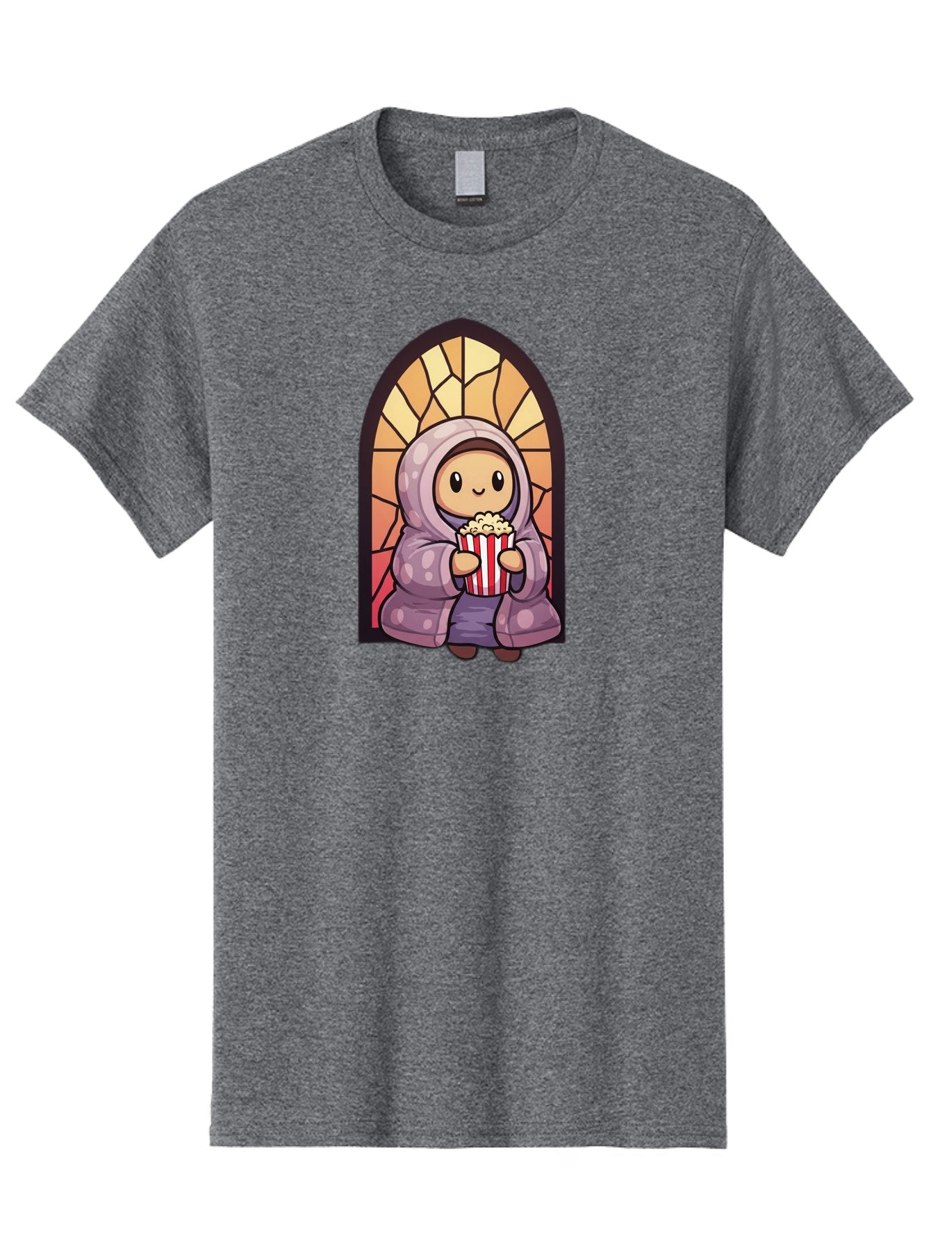 Saint-Popcorn Men'S Graphic Tee, 100% Cotton, Comfortable Casual Summer Wear, Machine Washable, Cartoon Character, Stained Glass Window, Kid Eating Popcorn, Cute Illustration, Cozy Atmosphere, Warm Colors, Hoodie, Snack Time, Playful Design, Bac385 14