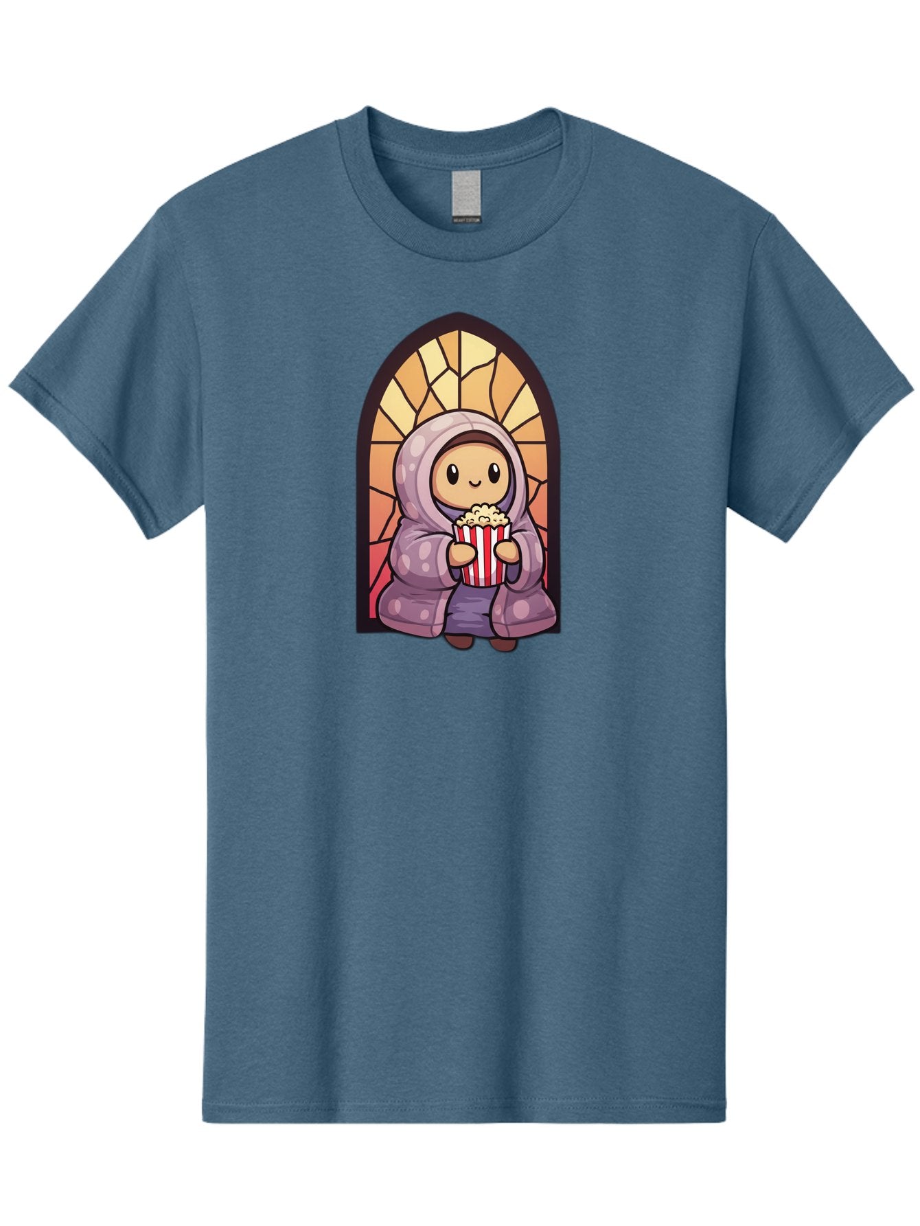 Saint-Popcorn Men'S Graphic Tee, 100% Cotton, Comfortable Casual Summer Wear, Machine Washable, Cartoon Character, Stained Glass Window, Kid Eating Popcorn, Cute Illustration, Cozy Atmosphere, Warm Colors, Hoodie, Snack Time, Playful Design, Bac385 6