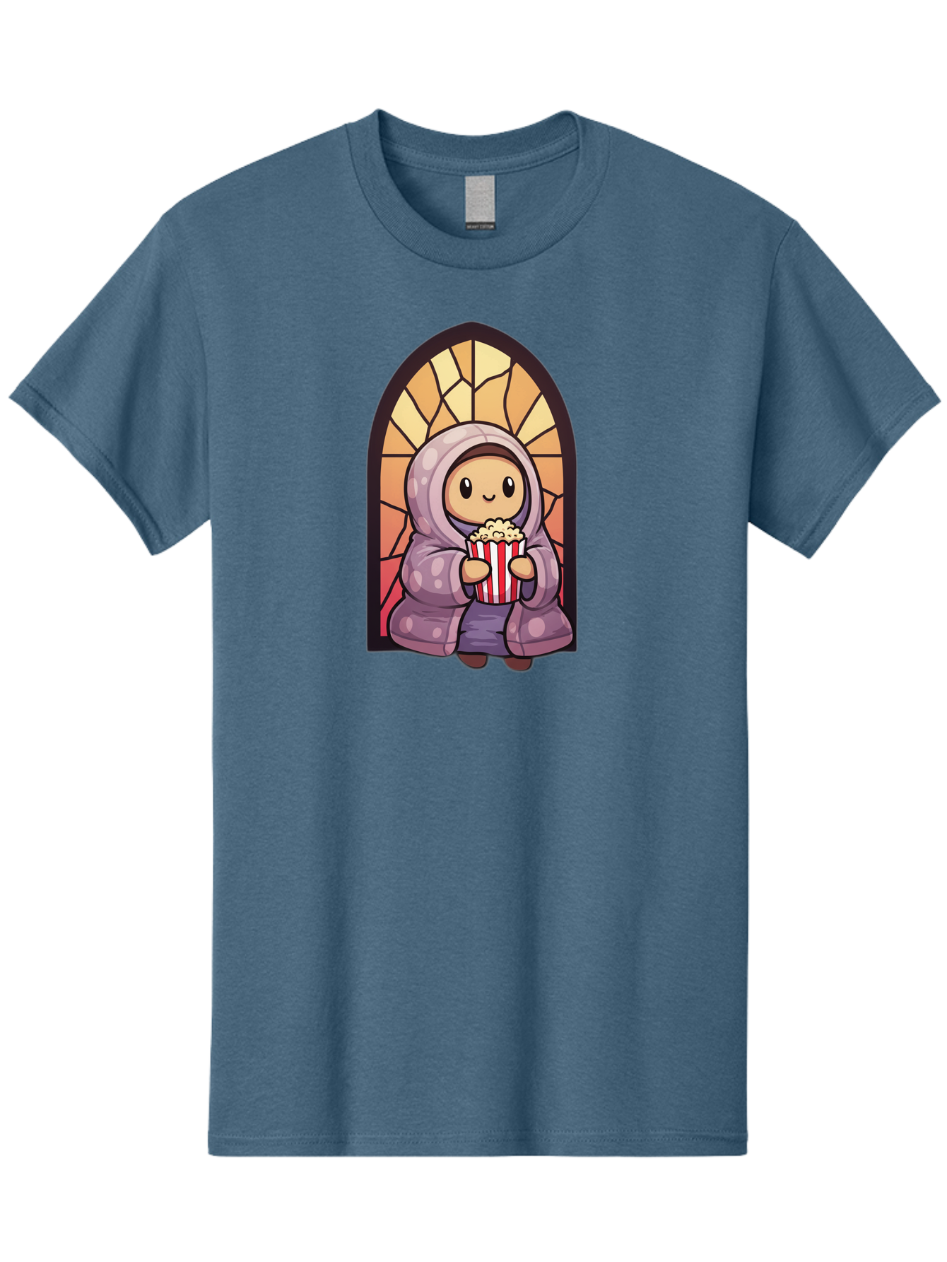Saint-Popcorn Men'S Graphic Tee, 100% Cotton, Comfortable Casual Summer Wear, Machine Washable, Cartoon Character, Stained Glass Window, Kid Eating Popcorn, Cute Illustration, Cozy Atmosphere, Warm Colors, Hoodie, Snack Time, Playful Design, Bac385 7