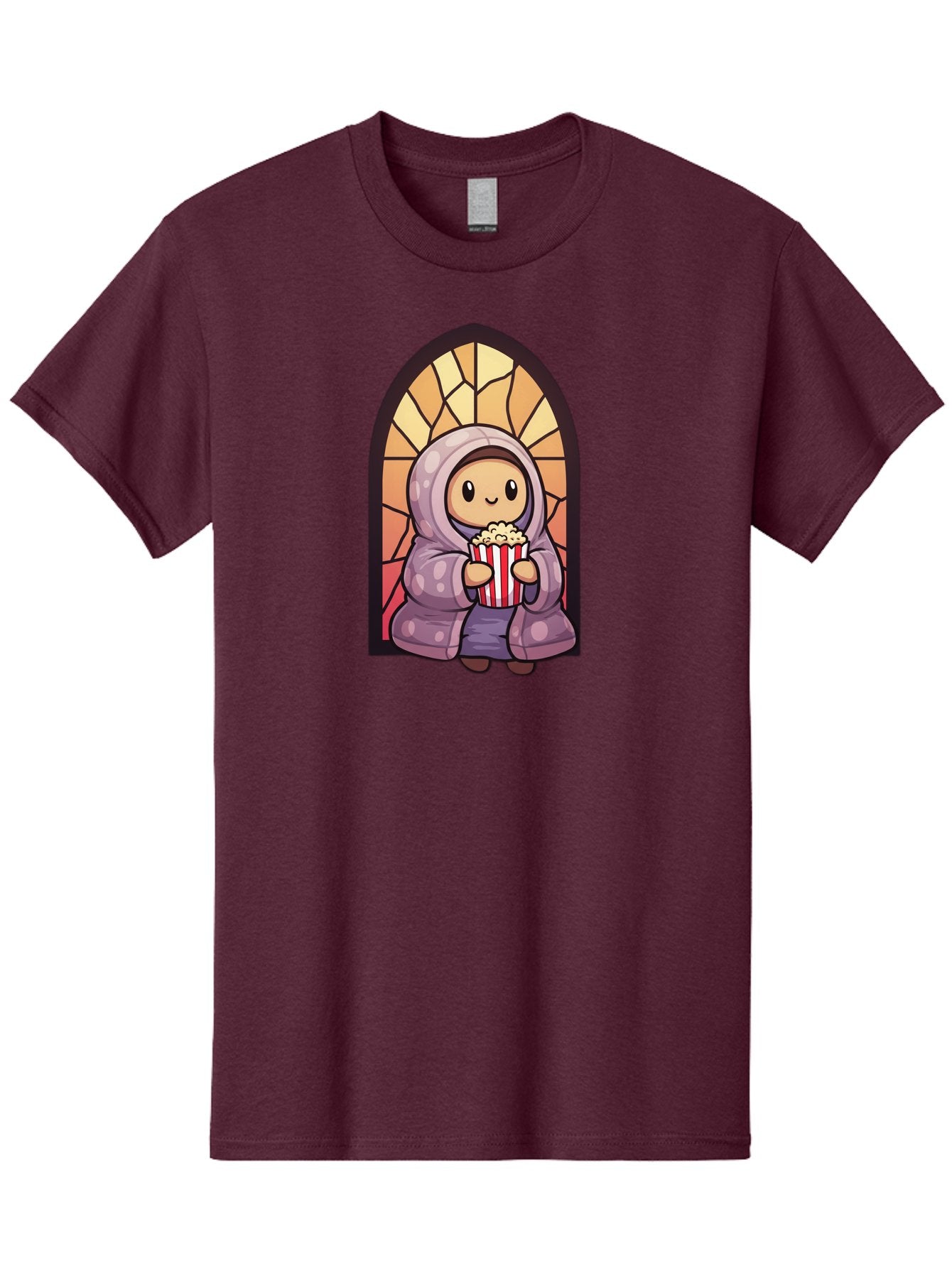 Saint-Popcorn Men'S Graphic Tee, 100% Cotton, Comfortable Casual Summer Wear, Machine Washable, Cartoon Character, Stained Glass Window, Kid Eating Popcorn, Cute Illustration, Cozy Atmosphere, Warm Colors, Hoodie, Snack Time, Playful Design, Bac385 10