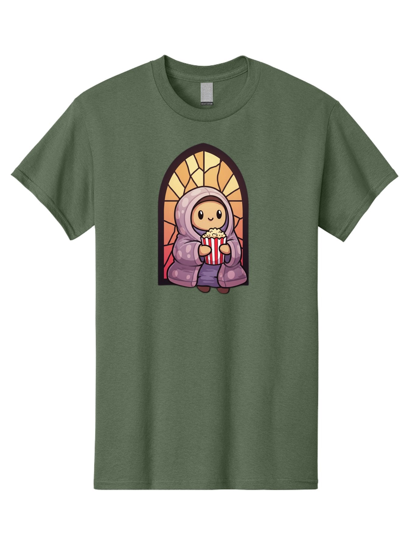 Saint-Popcorn Men'S Graphic Tee, 100% Cotton, Comfortable Casual Summer Wear, Machine Washable, Cartoon Character, Stained Glass Window, Kid Eating Popcorn, Cute Illustration, Cozy Atmosphere, Warm Colors, Hoodie, Snack Time, Playful Design, Bac385 15