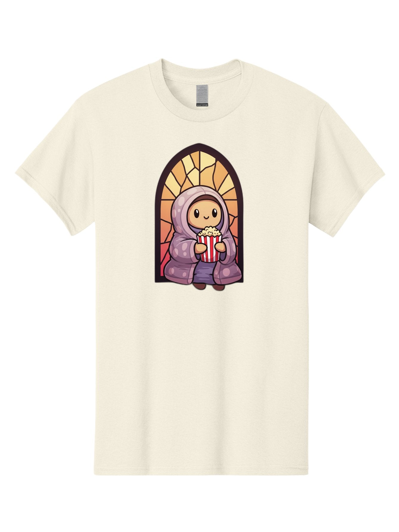 Saint-Popcorn Men'S Graphic Tee, 100% Cotton, Comfortable Casual Summer Wear, Machine Washable, Cartoon Character, Stained Glass Window, Kid Eating Popcorn, Cute Illustration, Cozy Atmosphere, Warm Colors, Hoodie, Snack Time, Playful Design, Bac385 13