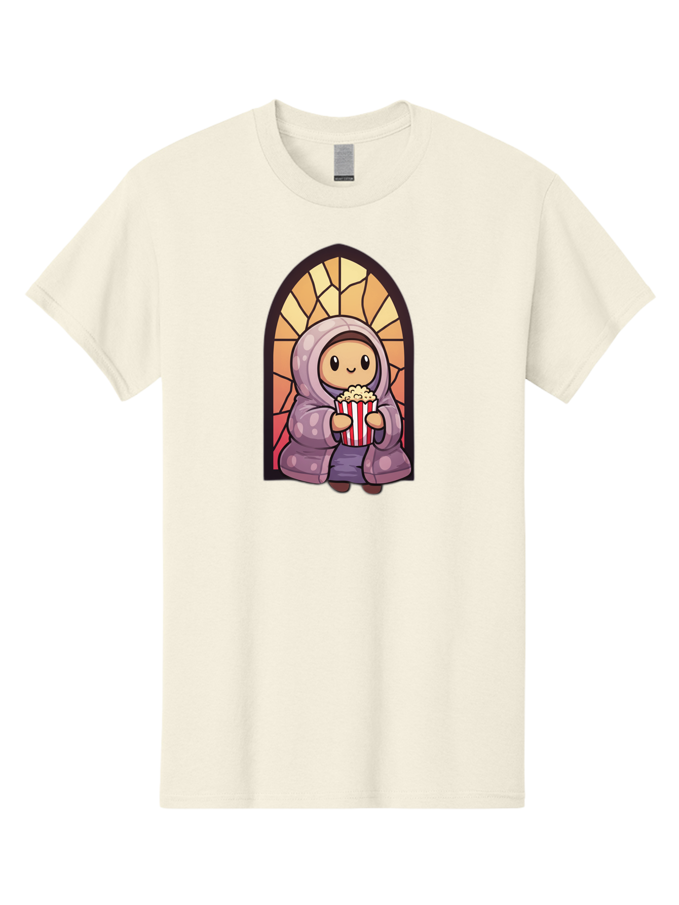 Saint-Popcorn Men'S Graphic Tee, 100% Cotton, Comfortable Casual Summer Wear, Machine Washable, Cartoon Character, Stained Glass Window, Kid Eating Popcorn, Cute Illustration, Cozy Atmosphere, Warm Colors, Hoodie, Snack Time, Playful Design, Bac385 15