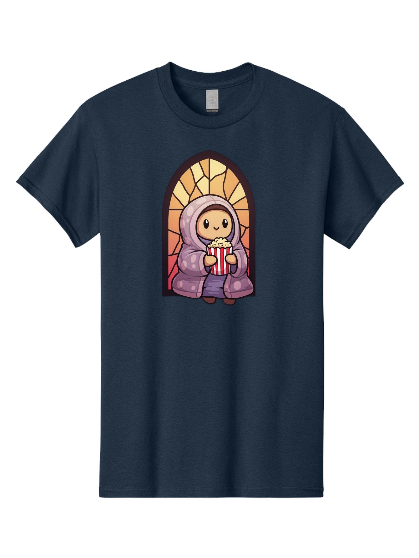 Saint-Popcorn Men'S Graphic Tee, 100% Cotton, Comfortable Casual Summer Wear, Machine Washable, Cartoon Character, Stained Glass Window, Kid Eating Popcorn, Cute Illustration, Cozy Atmosphere, Warm Colors, Hoodie, Snack Time, Playful Design, Bac385 7