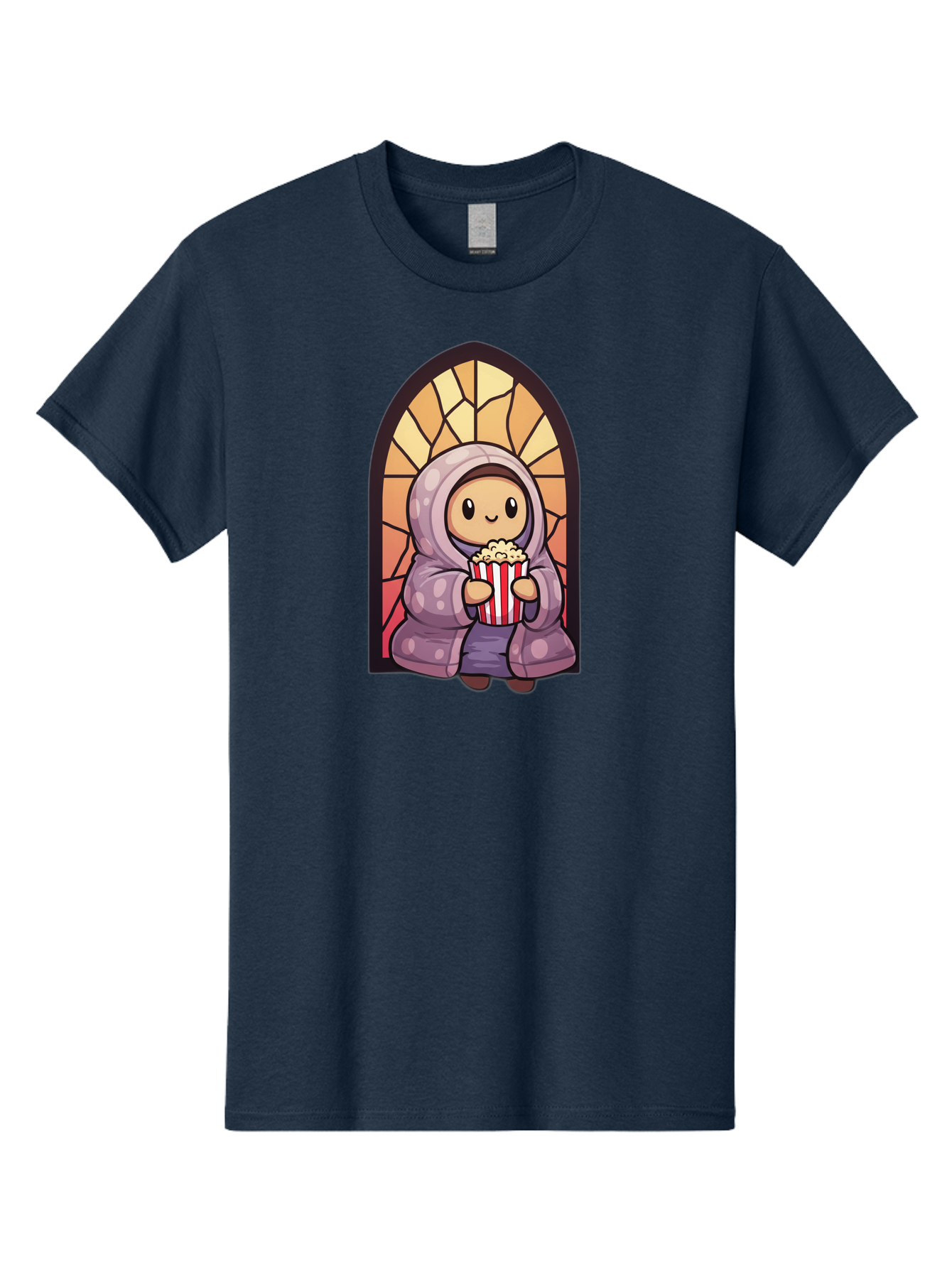 Saint-Popcorn Men'S Graphic Tee, 100% Cotton, Comfortable Casual Summer Wear, Machine Washable, Cartoon Character, Stained Glass Window, Kid Eating Popcorn, Cute Illustration, Cozy Atmosphere, Warm Colors, Hoodie, Snack Time, Playful Design, Bac385 13