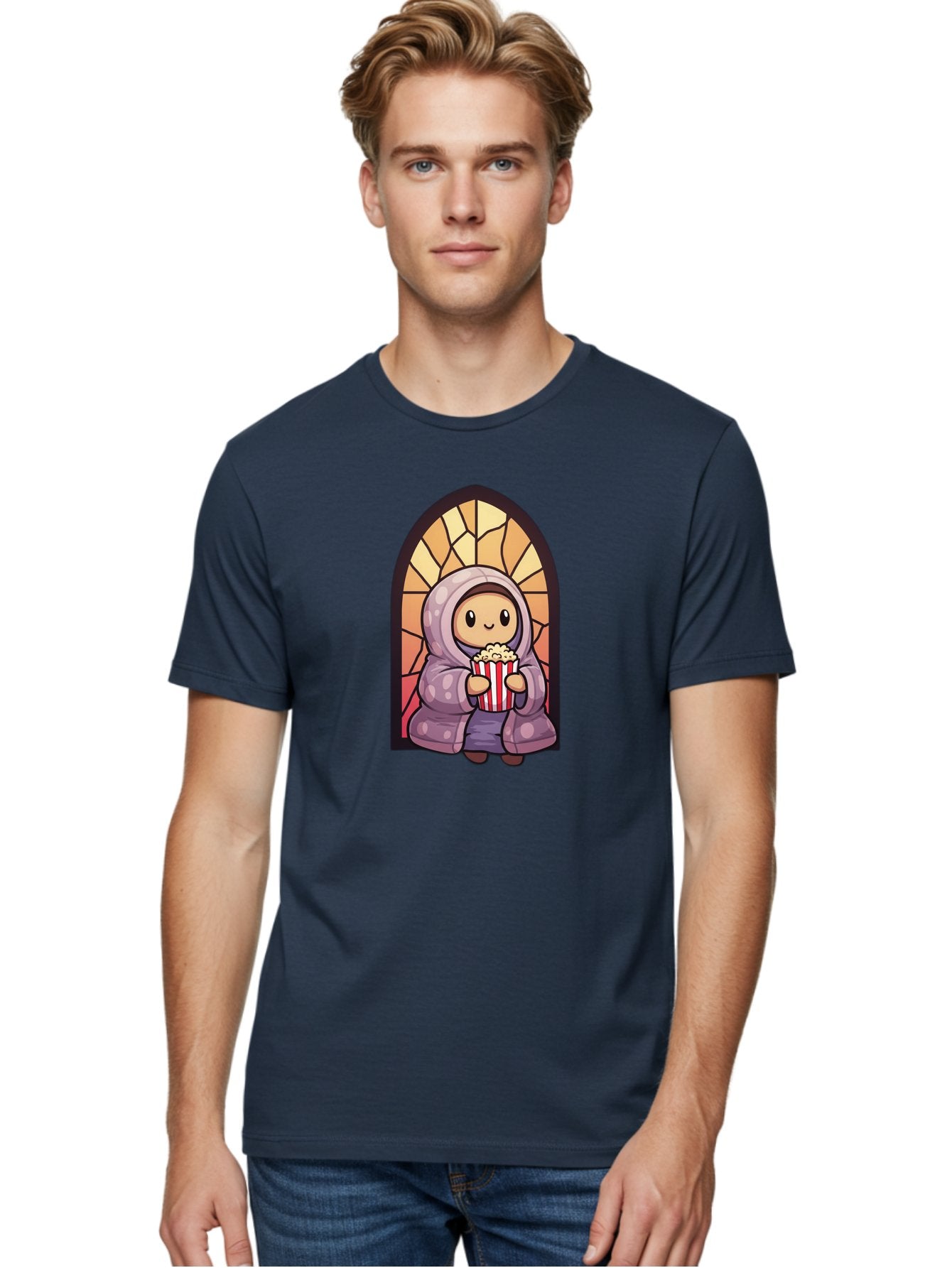 Saint-Popcorn Men'S Graphic Tee, 100% Cotton, Comfortable Casual Summer Wear, Machine Washable, Cartoon Character, Stained Glass Window, Kid Eating Popcorn, Cute Illustration, Cozy Atmosphere, Warm Colors, Hoodie, Snack Time, Playful Design, Bac385 16