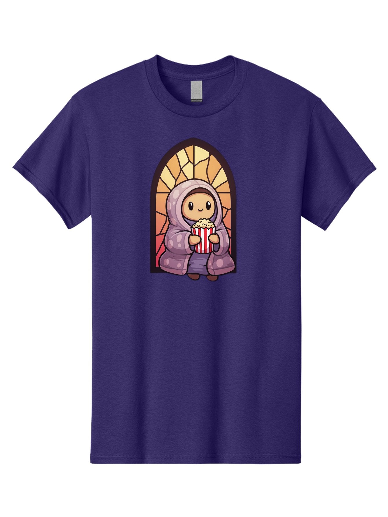 Saint-Popcorn Men'S Graphic Tee, 100% Cotton, Comfortable Casual Summer Wear, Machine Washable, Cartoon Character, Stained Glass Window, Kid Eating Popcorn, Cute Illustration, Cozy Atmosphere, Warm Colors, Hoodie, Snack Time, Playful Design, Bac385 12