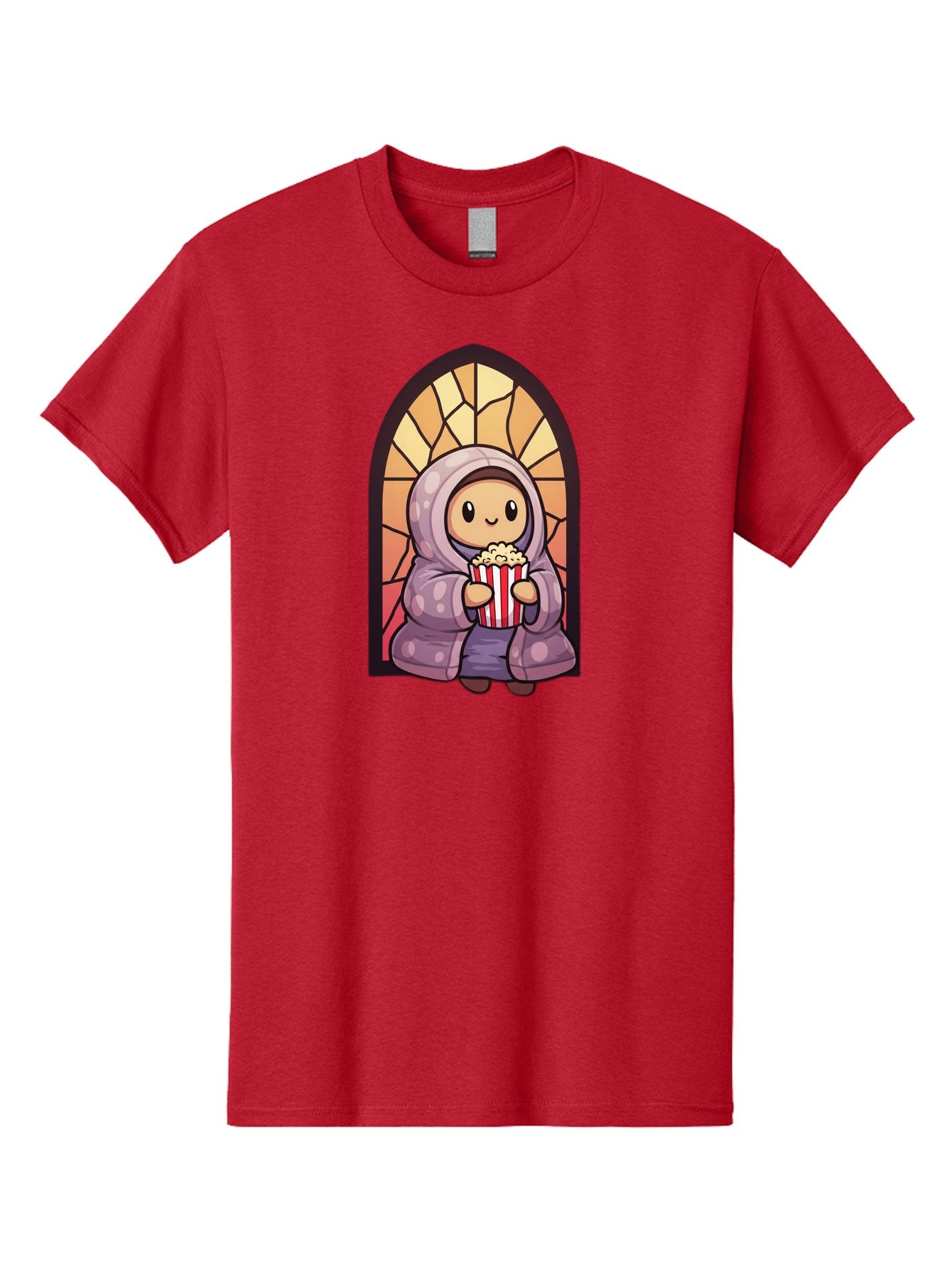 Saint-Popcorn Men'S Graphic Tee, 100% Cotton, Comfortable Casual Summer Wear, Machine Washable, Cartoon Character, Stained Glass Window, Kid Eating Popcorn, Cute Illustration, Cozy Atmosphere, Warm Colors, Hoodie, Snack Time, Playful Design, Bac385 5