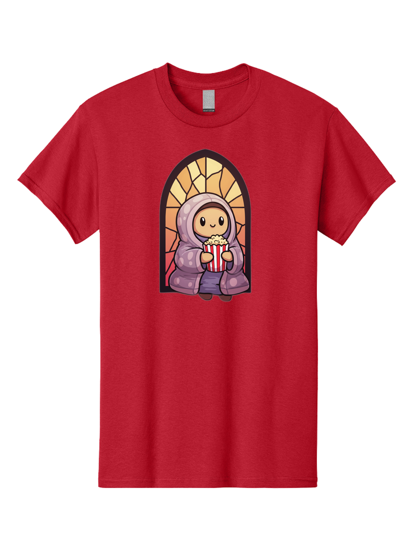 Saint-Popcorn Men'S Graphic Tee, 100% Cotton, Comfortable Casual Summer Wear, Machine Washable, Cartoon Character, Stained Glass Window, Kid Eating Popcorn, Cute Illustration, Cozy Atmosphere, Warm Colors, Hoodie, Snack Time, Playful Design, Bac385 8