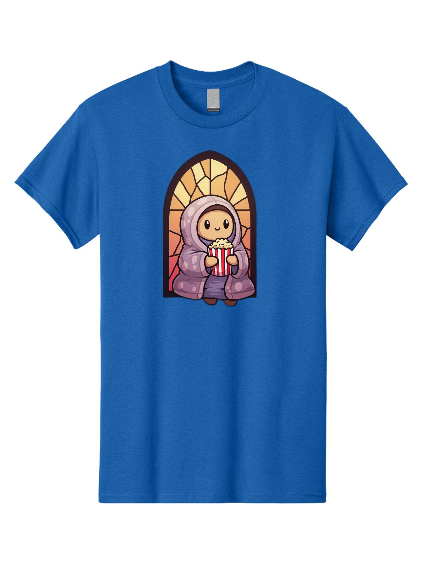 Saint-Popcorn Men'S Graphic Tee, 100% Cotton, Comfortable Casual Summer Wear, Machine Washable, Cartoon Character, Stained Glass Window, Kid Eating Popcorn, Cute Illustration, Cozy Atmosphere, Warm Colors, Hoodie, Snack Time, Playful Design, Bac385 9