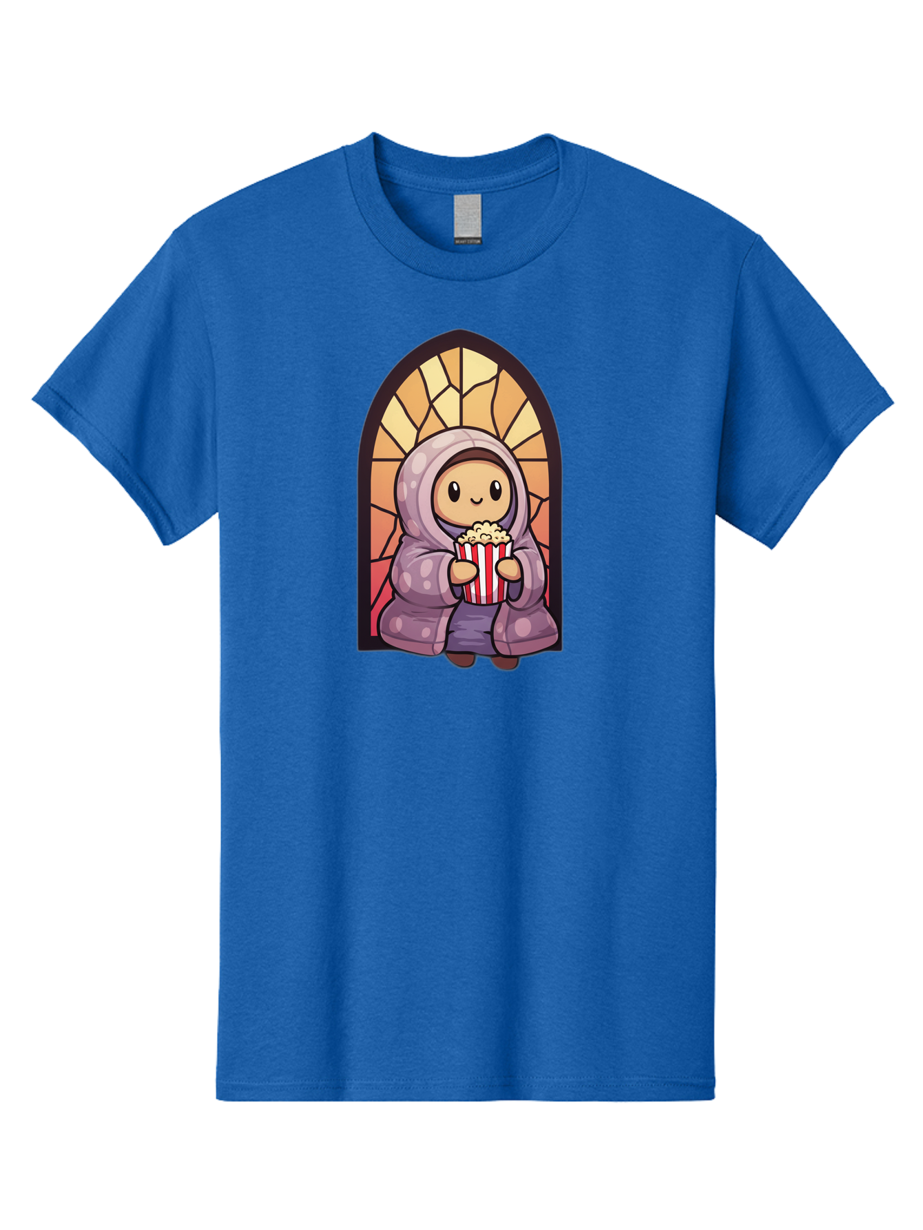 Saint-Popcorn Men'S Graphic Tee, 100% Cotton, Comfortable Casual Summer Wear, Machine Washable, Cartoon Character, Stained Glass Window, Kid Eating Popcorn, Cute Illustration, Cozy Atmosphere, Warm Colors, Hoodie, Snack Time, Playful Design, Bac385 5