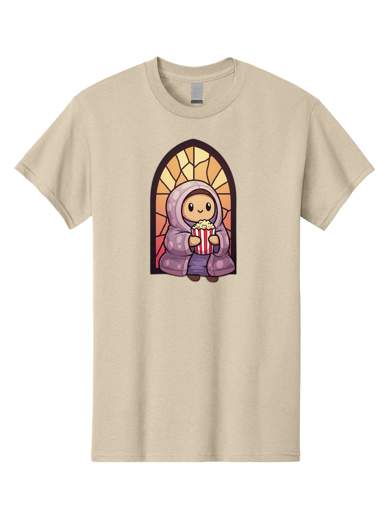 Saint-Popcorn Men'S Graphic Tee, 100% Cotton, Comfortable Casual Summer Wear, Machine Washable, Cartoon Character, Stained Glass Window, Kid Eating Popcorn, Cute Illustration, Cozy Atmosphere, Warm Colors, Hoodie, Snack Time, Playful Design, Bac385 4