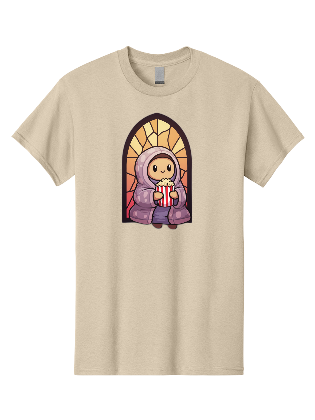 Saint-Popcorn Men'S Graphic Tee, 100% Cotton, Comfortable Casual Summer Wear, Machine Washable, Cartoon Character, Stained Glass Window, Kid Eating Popcorn, Cute Illustration, Cozy Atmosphere, Warm Colors, Hoodie, Snack Time, Playful Design, Bac385 12