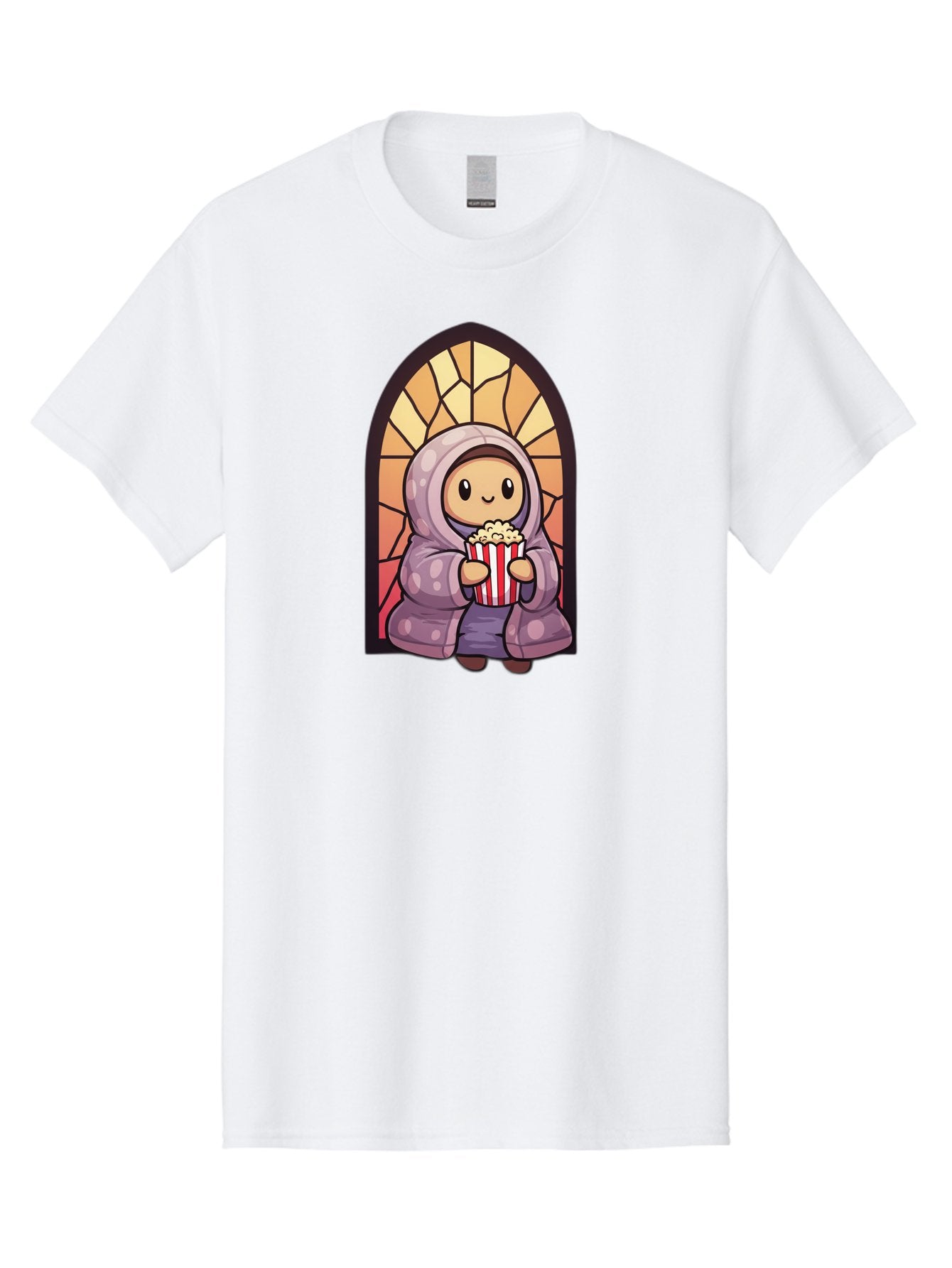 Saint-Popcorn Men'S Graphic Tee, 100% Cotton, Comfortable Casual Summer Wear, Machine Washable, Cartoon Character, Stained Glass Window, Kid Eating Popcorn, Cute Illustration, Cozy Atmosphere, Warm Colors, Hoodie, Snack Time, Playful Design, Bac385