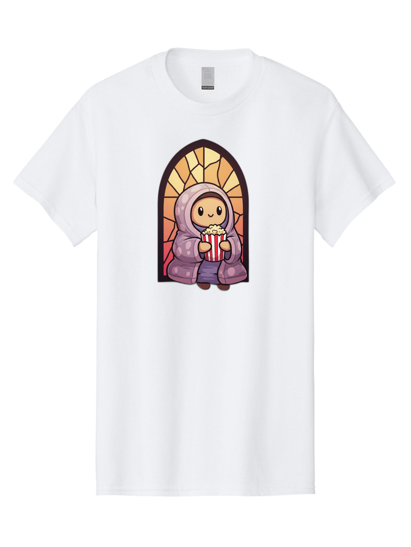 Saint-Popcorn Men'S Graphic Tee, 100% Cotton, Comfortable Casual Summer Wear, Machine Washable, Cartoon Character, Stained Glass Window, Kid Eating Popcorn, Cute Illustration, Cozy Atmosphere, Warm Colors, Hoodie, Snack Time, Playful Design, Bac385 11