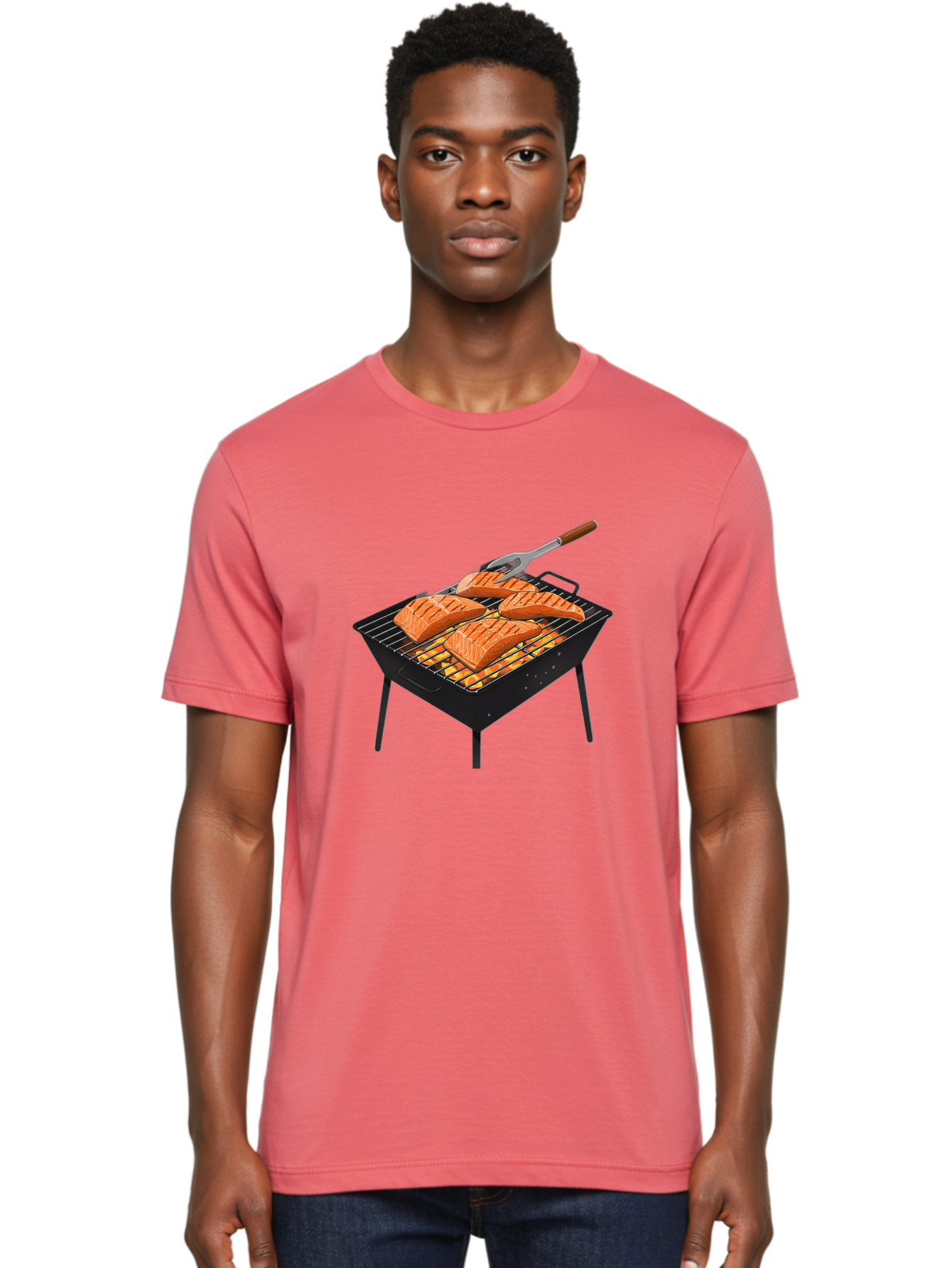 Salmon-On-Grill Men'S Graphic Tee, 100% Cotton, Comfortable Casual Summer Wear, Machine Washable, Grilled Salmon, Salmon Fillets, Barbecue Grill, Grilled Fish, Seafood, Food, Healthy Eating, Grilling Bac387 22