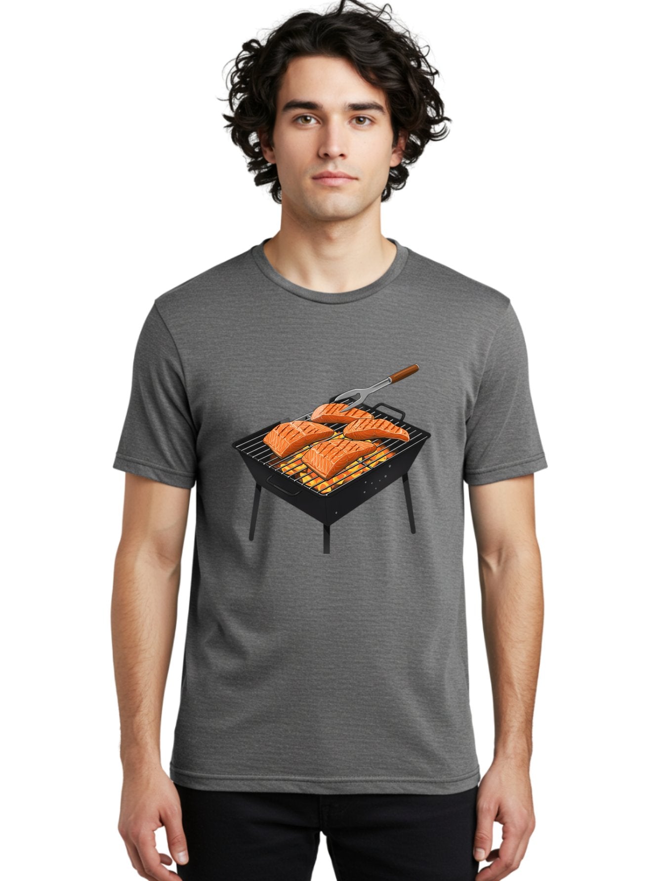 Salmon-On-Grill Men'S Graphic Tee, 100% Cotton, Comfortable Casual Summer Wear, Machine Washable, Grilled Salmon, Salmon Fillets, Barbecue Grill, Grilled Fish, Seafood, Food, Healthy Eating, Grilling Bac387 16